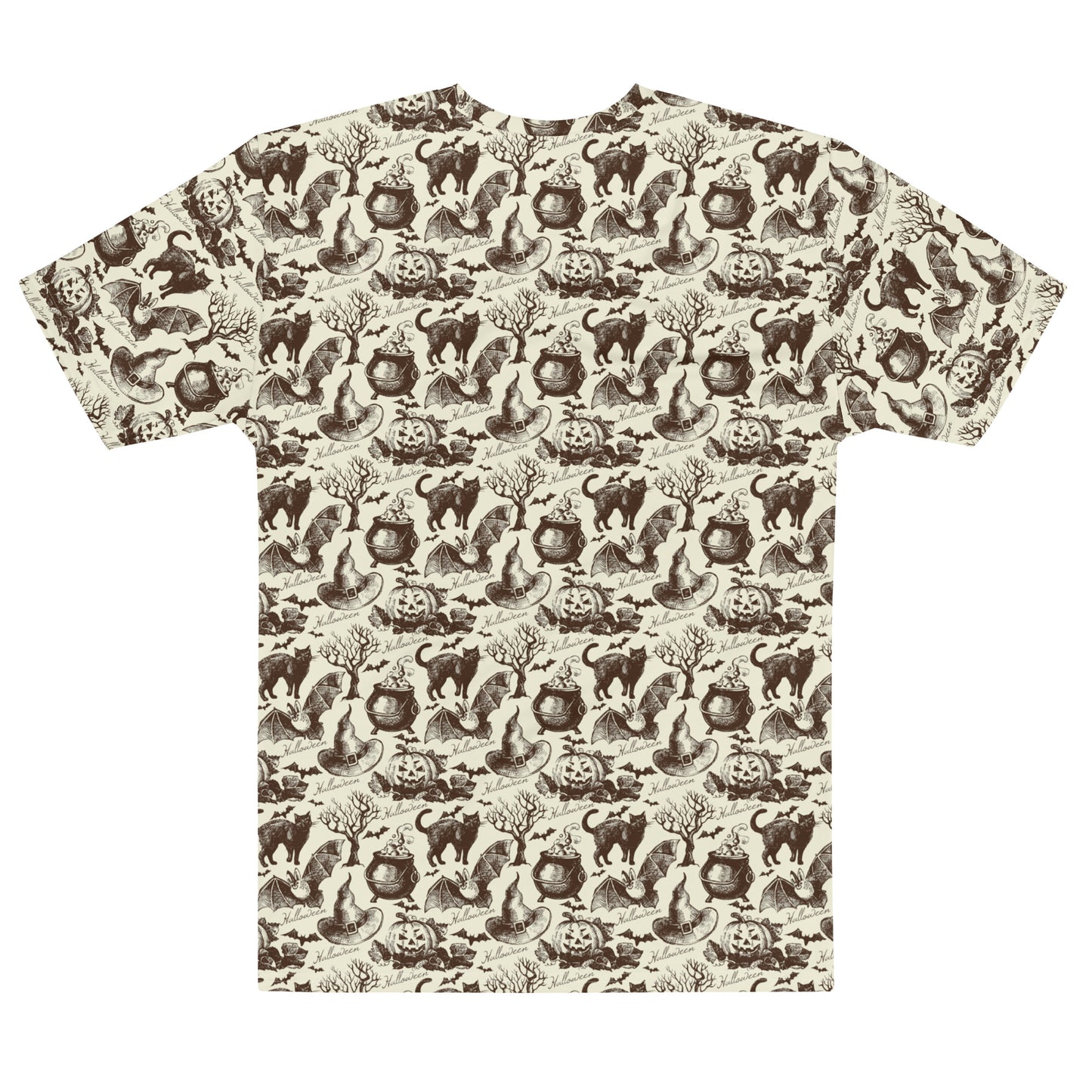 Vintage Style Halloween Unisex AOP Classic Tee - All-Over Print with Black Cat, Bat, and Witch Hat Design