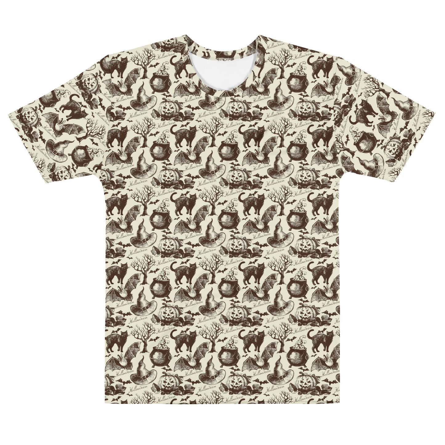 Vintage Style Halloween Unisex AOP Classic Tee - All-Over Print with Black Cat, Bat, and Witch Hat Design