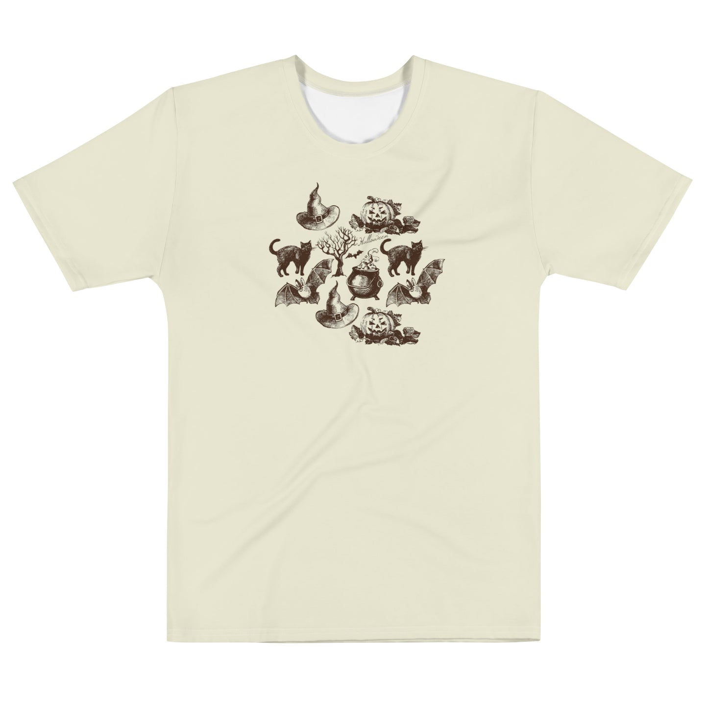 Vintage Style Halloween Unisex Classic Tee - Central Graphic Design with Black Cat and Witch Hat