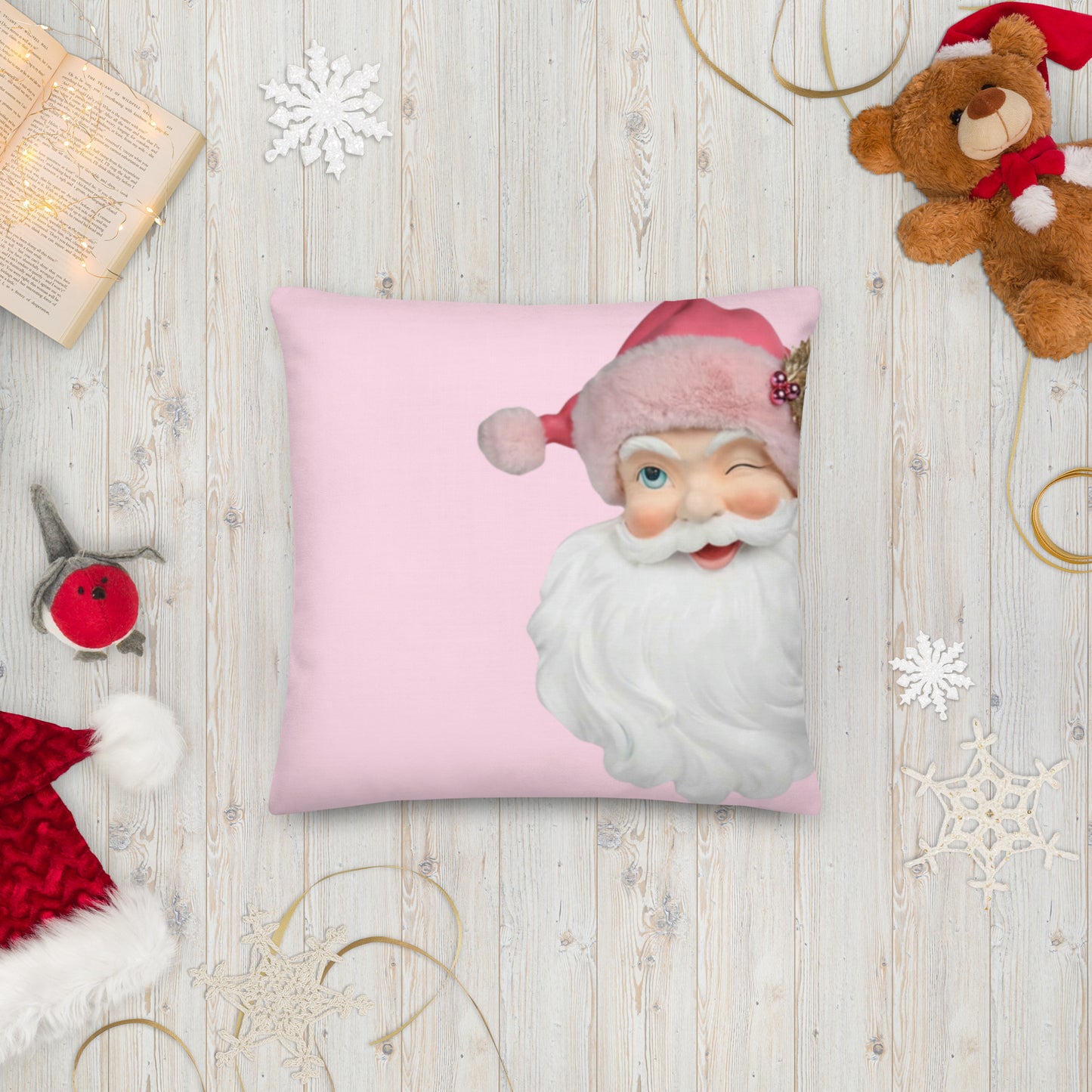 Santa Merry Everything Pink Pastel Holiday Throw Pillow