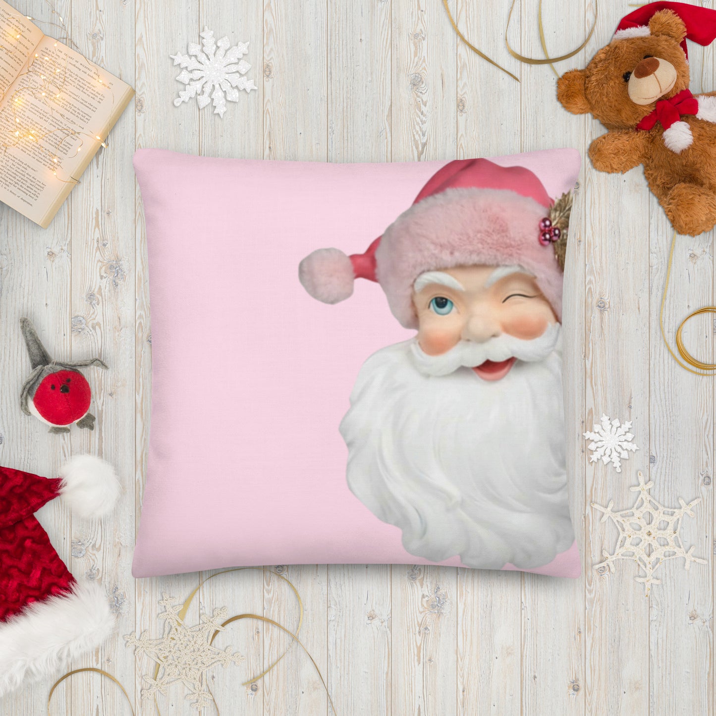 Santa Merry Everything Pink Pastel Holiday Throw Pillow