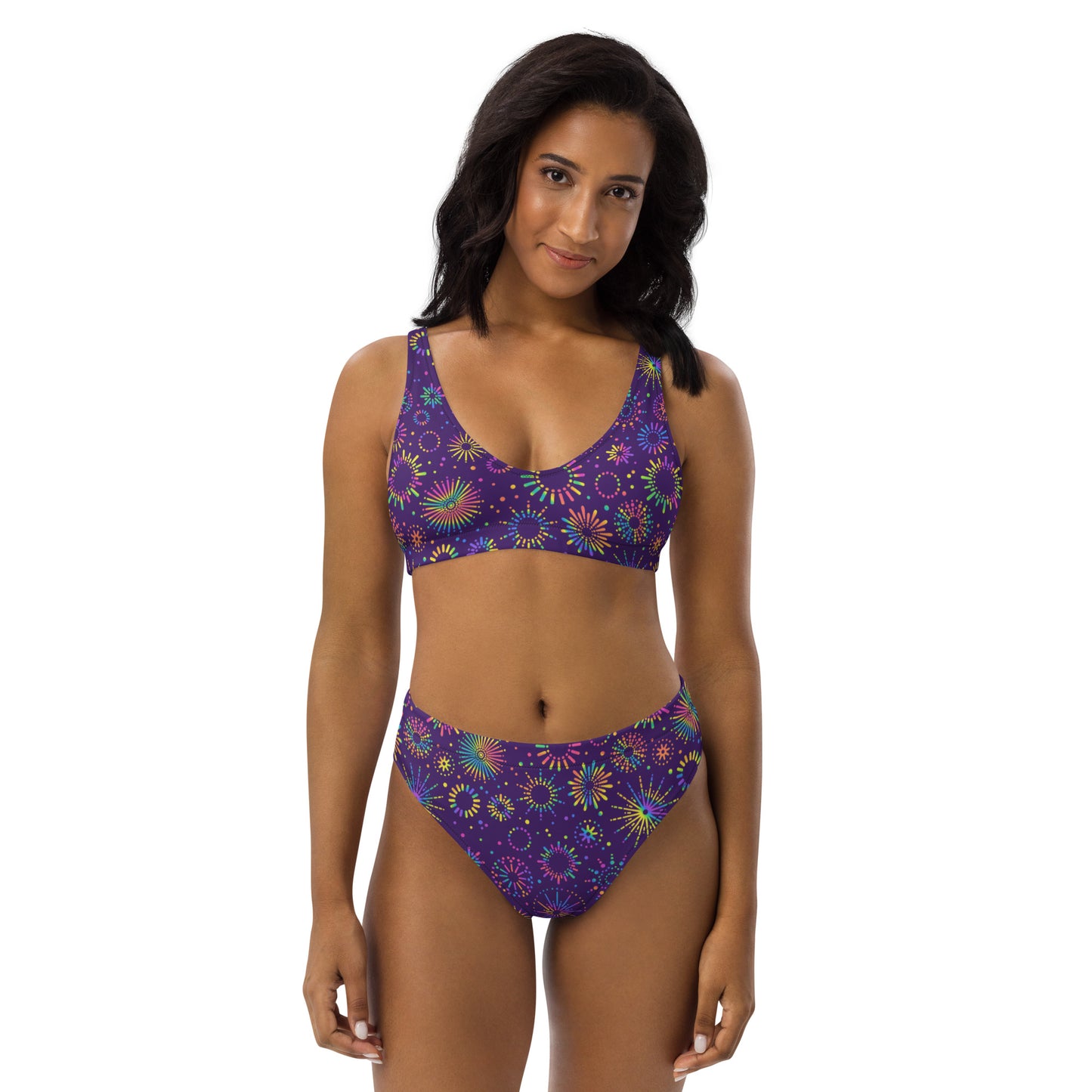 Sustainable Colorful starburst fireworks purple Recycled High Waisted Bikini Set