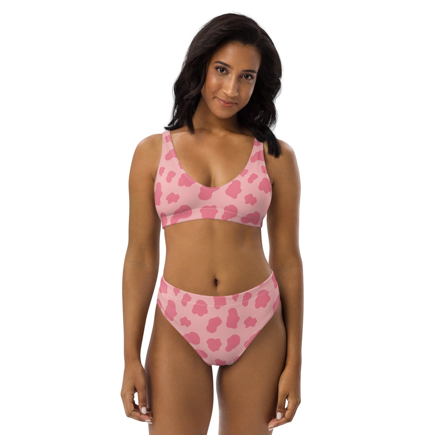 Sustainable Strawbery Pink Cow Print High Waisted Bikini Set