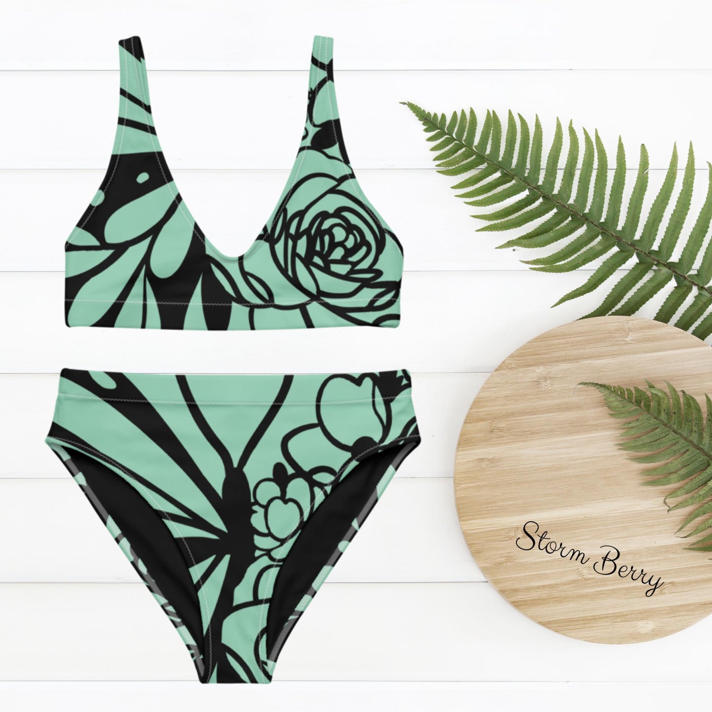 Sustainable Butterfly Flower Pastel Green Recycled high-waisted bikini