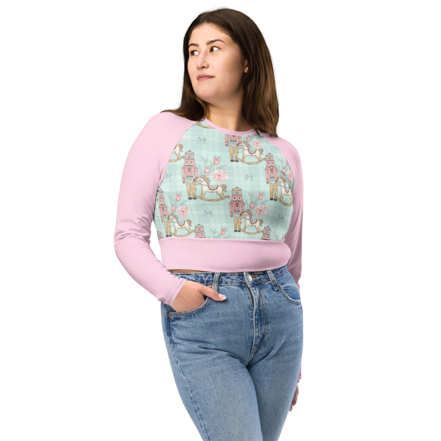Pastel Pink Christmas Nutcracker and Rocking horse long-sleeve crop top