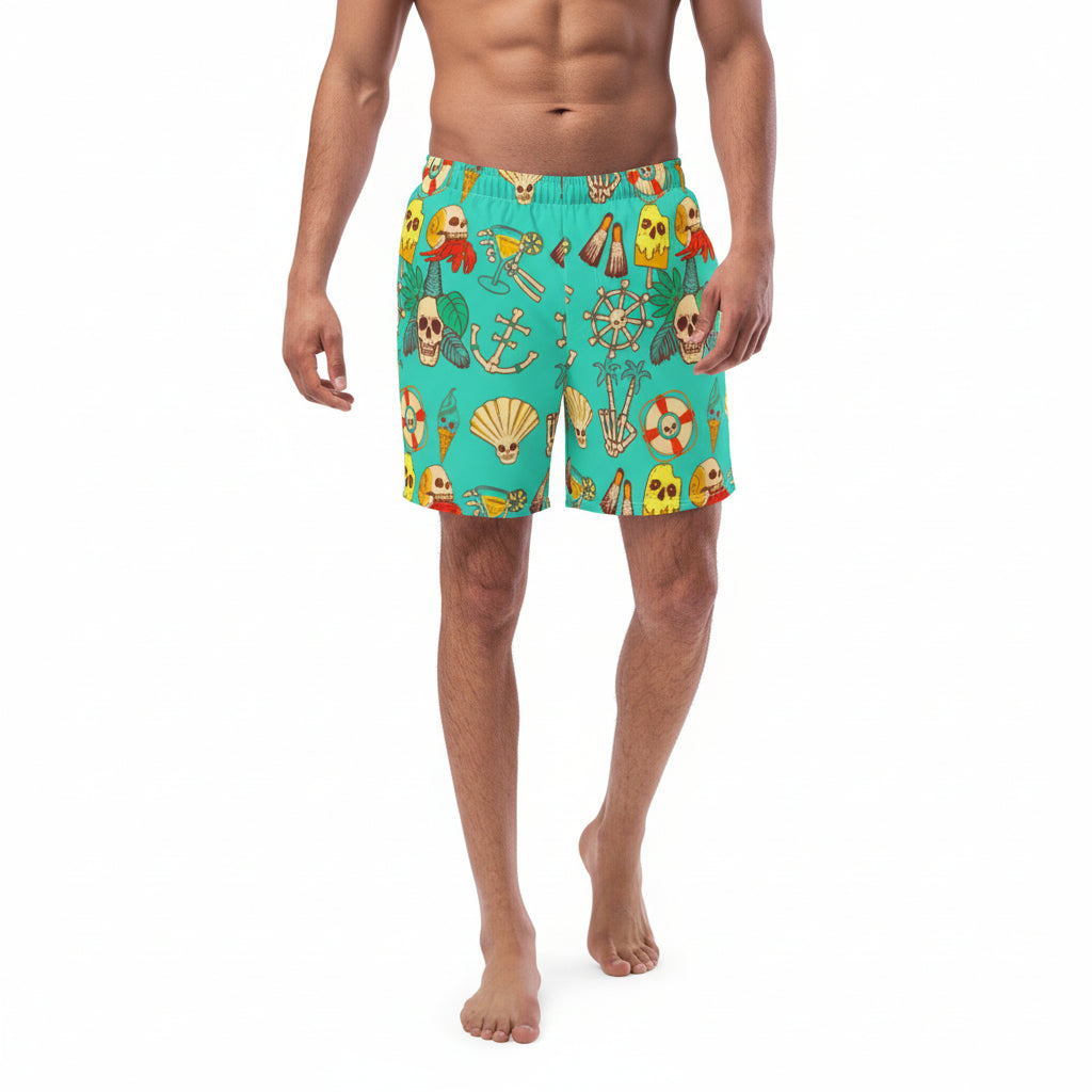 Men's swim trunks with teal tropical skull, and beach motif print.