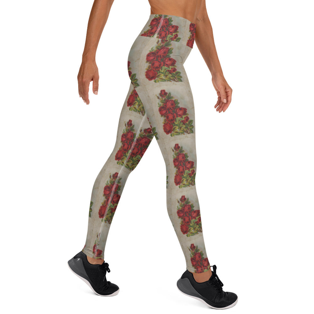 Vintage Rose Postcard Yoga Leggings