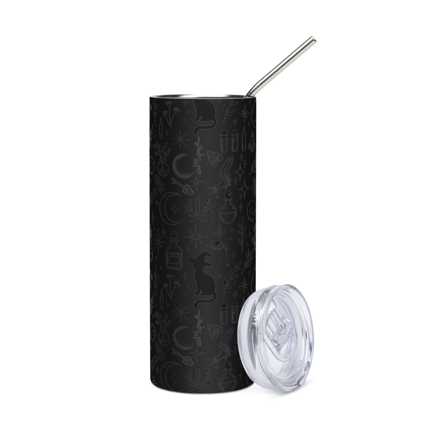 Mystical Witchy Pattern Stainless Steel Tumbler with Metal Straw – Black on Black or Black on White – 20 oz