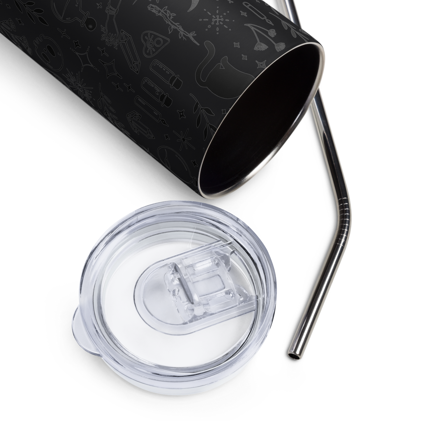 Mystical Witchy Pattern Stainless Steel Tumbler with Metal Straw – Black on Black or Black on White – 20 oz