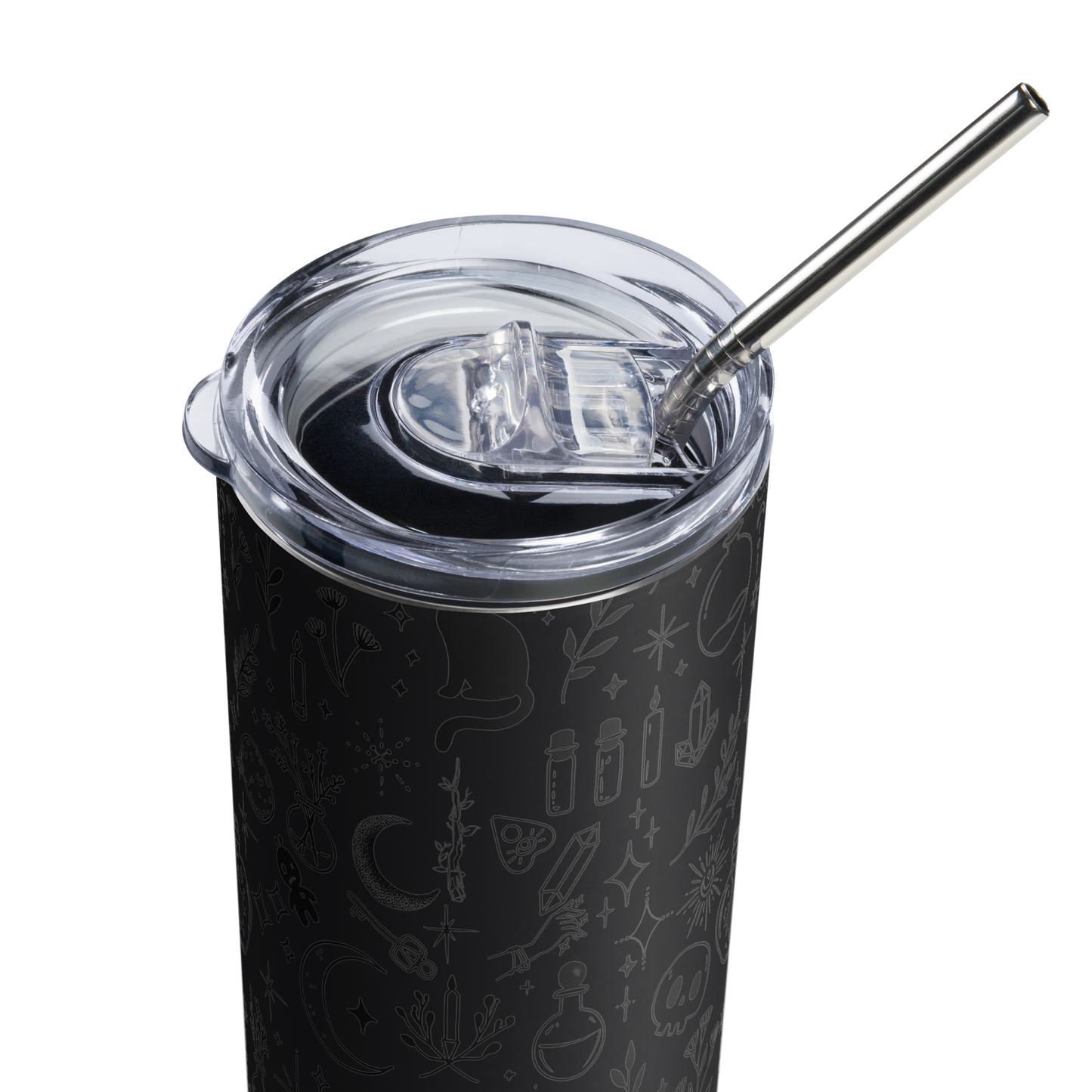 Mystical Witchy Pattern Stainless Steel Tumbler with Metal Straw – Black on Black or Black on White – 20 oz