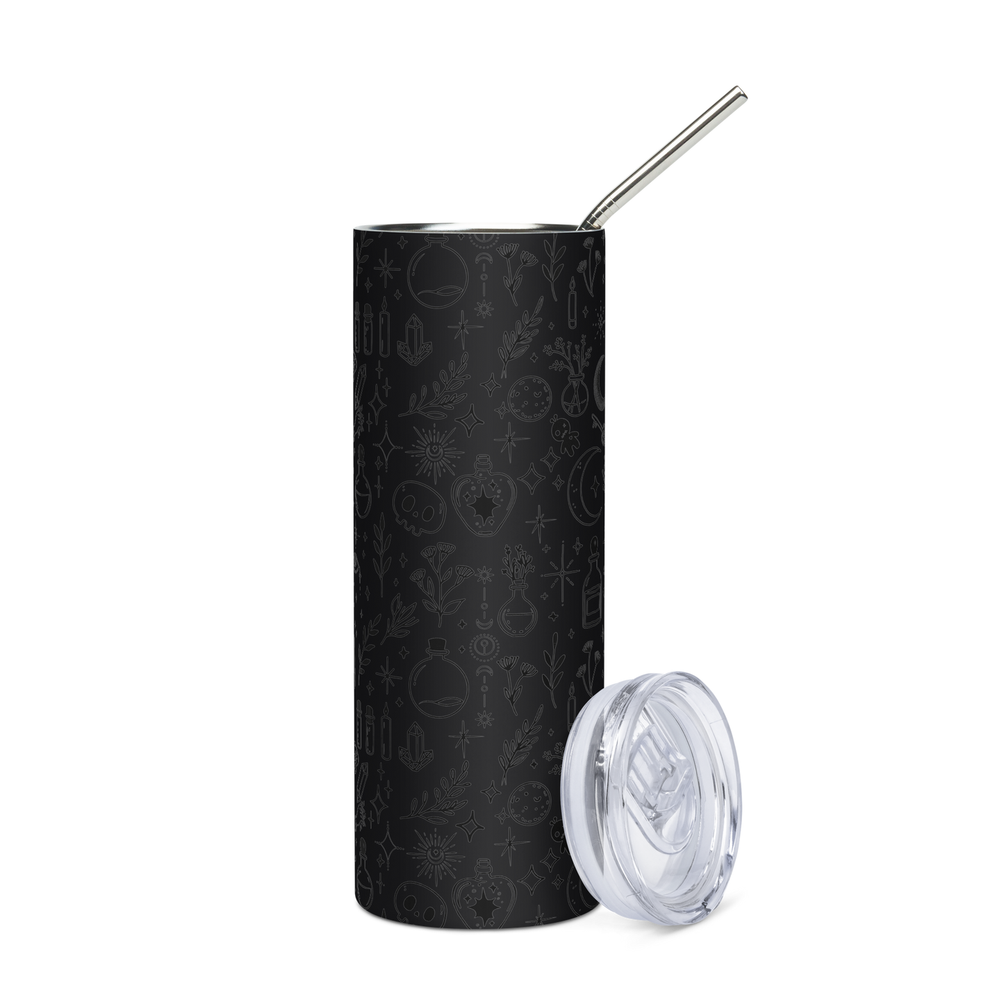 Mystical Witchy Pattern Stainless Steel Tumbler with Metal Straw – Black on Black or Black on White – 20 oz