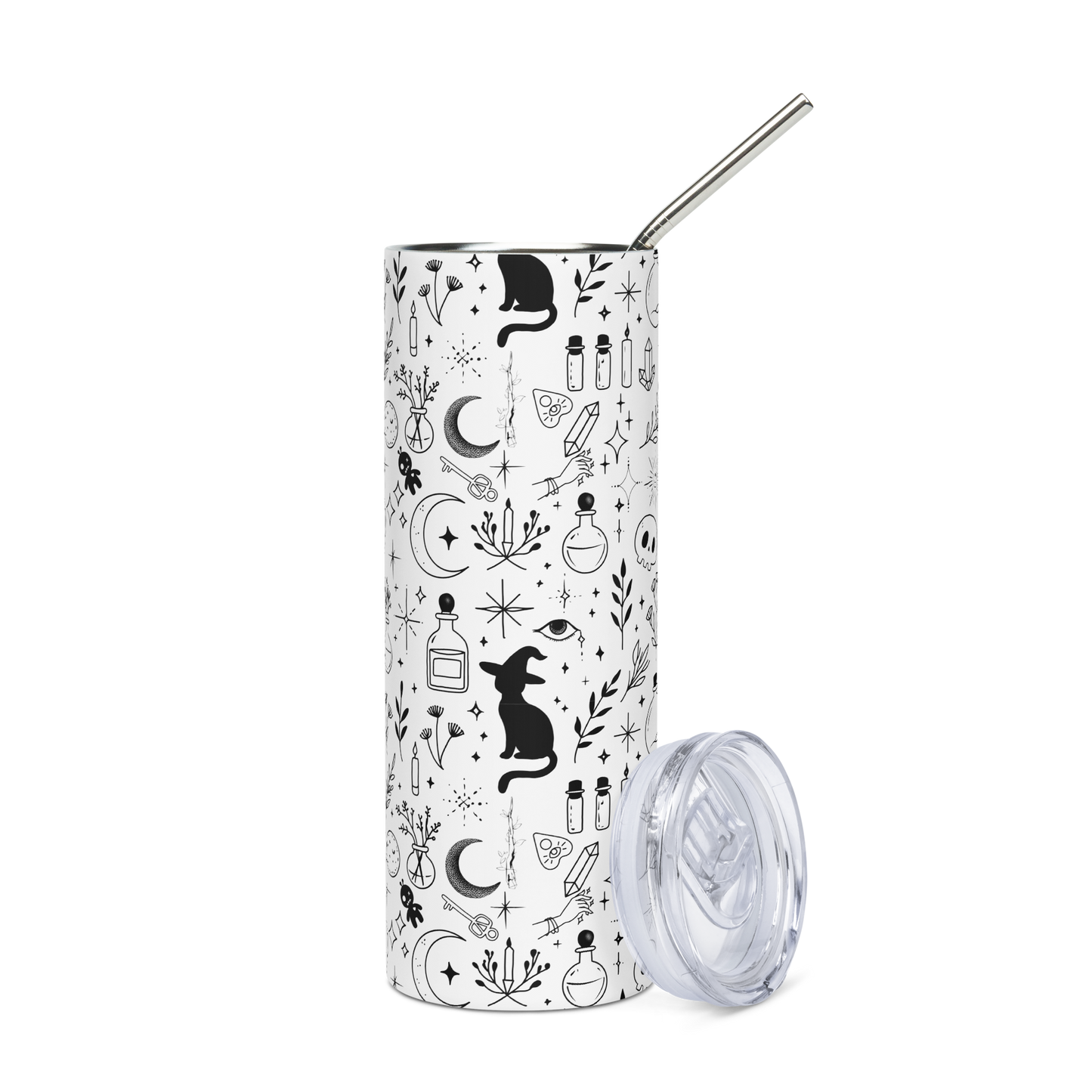 Mystical Witchy Pattern Stainless Steel Tumbler with Metal Straw – Black on Black or Black on White – 20 oz