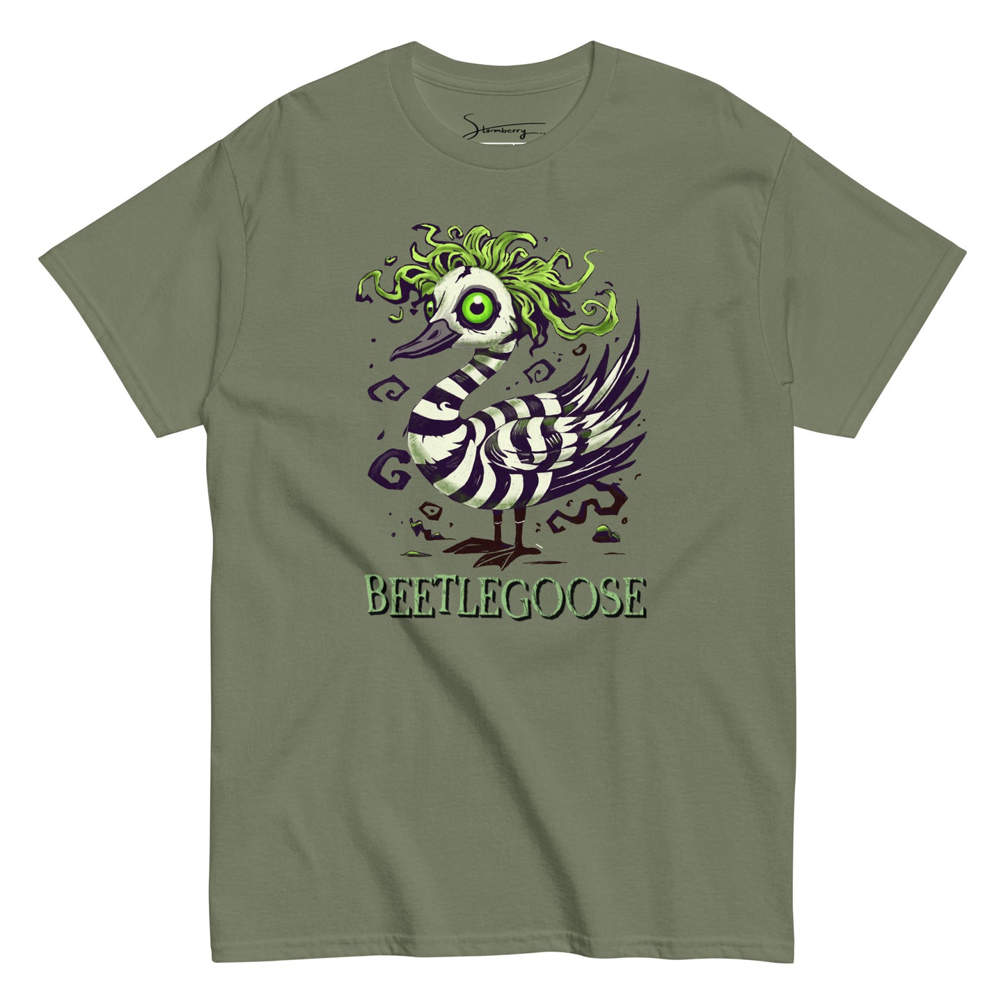 Beetlegoose Unisex Graphic Tee – Spooky Striped Goose Shirt | 100% Cotton
