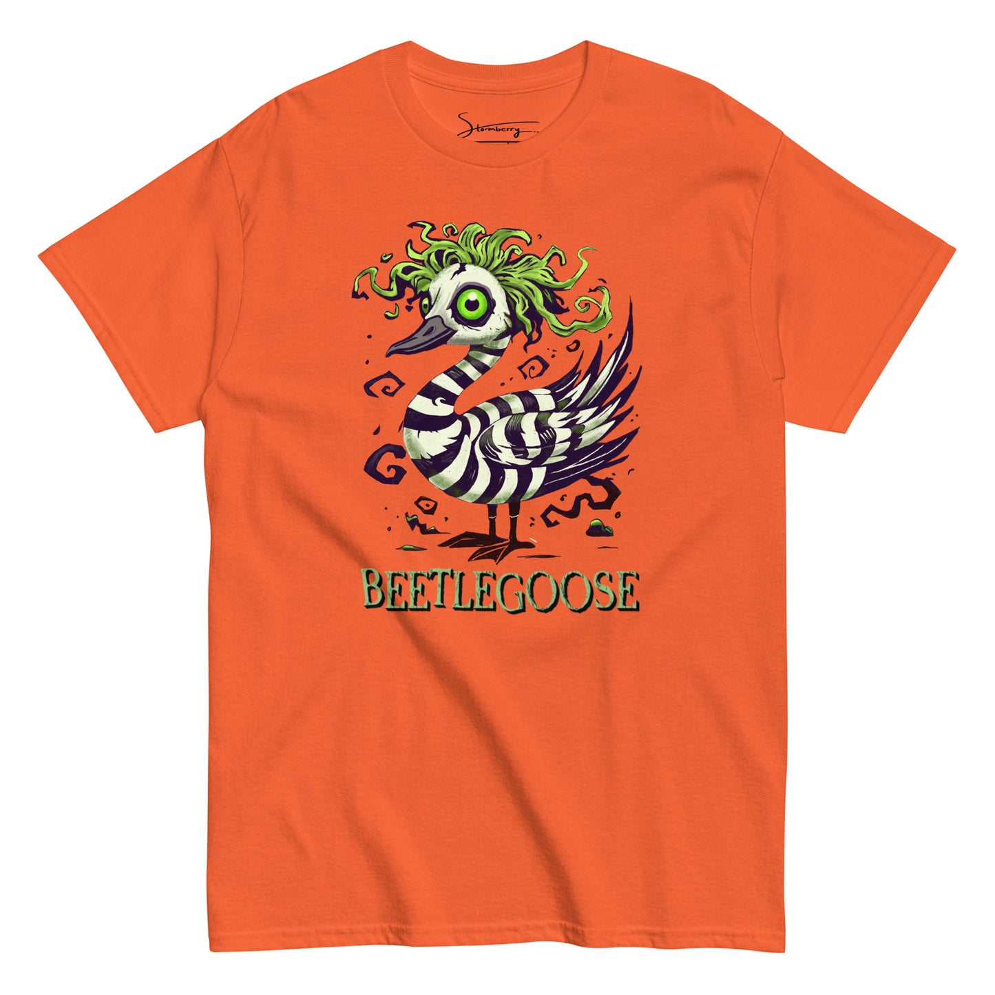 Beetlegoose Unisex Graphic Tee – Spooky Striped Goose Shirt | 100% Cotton