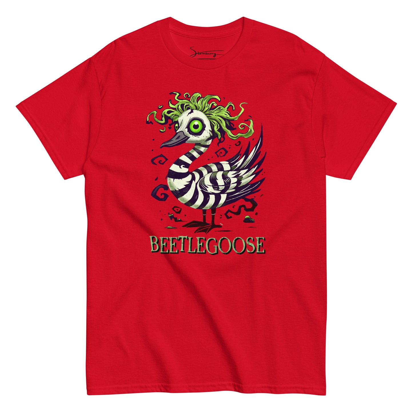 Beetlegoose Unisex Graphic Tee – Spooky Striped Goose Shirt | 100% Cotton