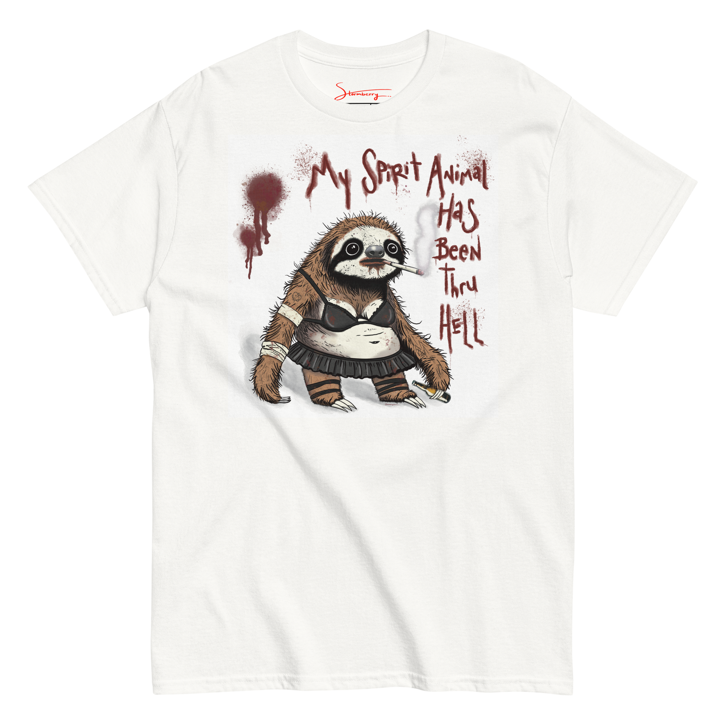 My Spirit Animal Has Been Thru Hell” Unisex Cotton Tee - Dark Humor Sloth Design by Stormberry