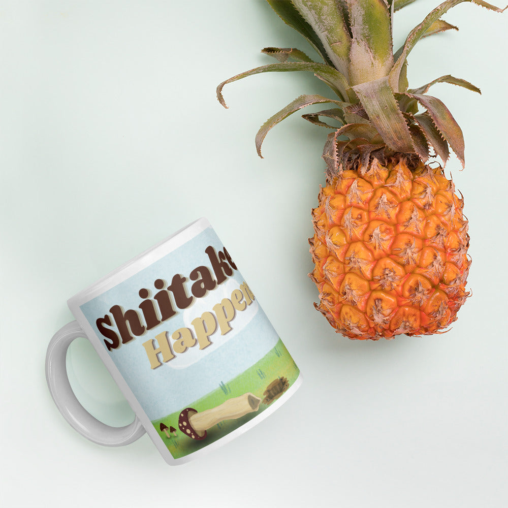 Shittake Happens Mushy White glossy mug mushroom