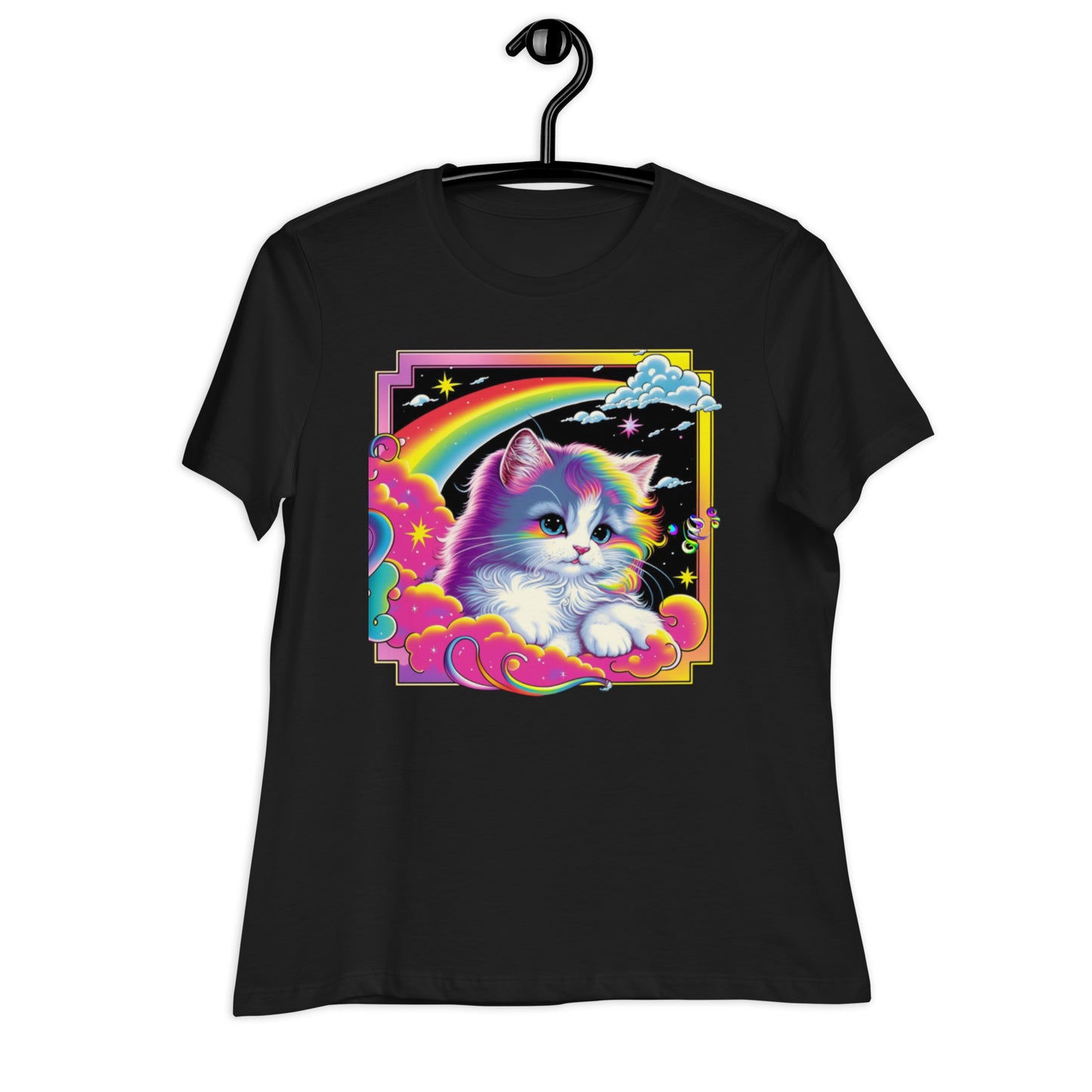 Adorable White Cat Tee: Flowy Rainbow Hair, Lisa Frank Inspired, Perfect for Feline Lovers, Vibrant Design, Unique & Stylish