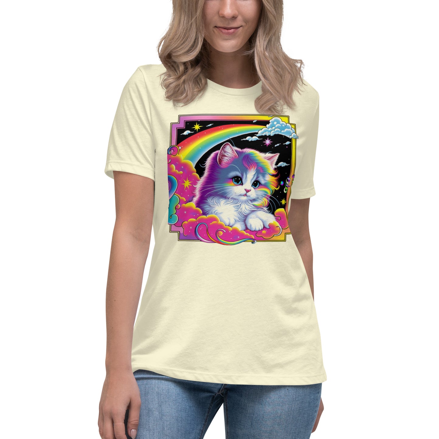 Adorable White Cat Tee: Flowy Rainbow Hair, Lisa Frank Inspired, Perfect for Feline Lovers, Vibrant Design, Unique & Stylish
