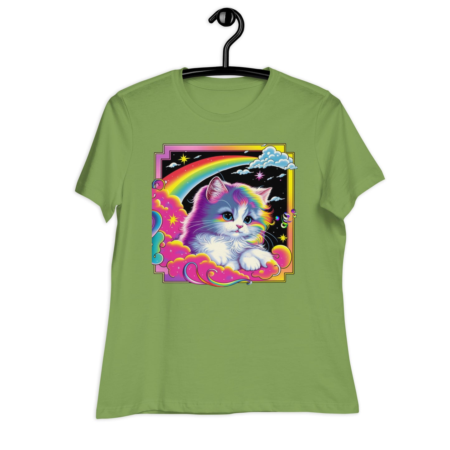 Adorable White Cat Tee: Flowy Rainbow Hair, Lisa Frank Inspired, Perfect for Feline Lovers, Vibrant Design, Unique & Stylish