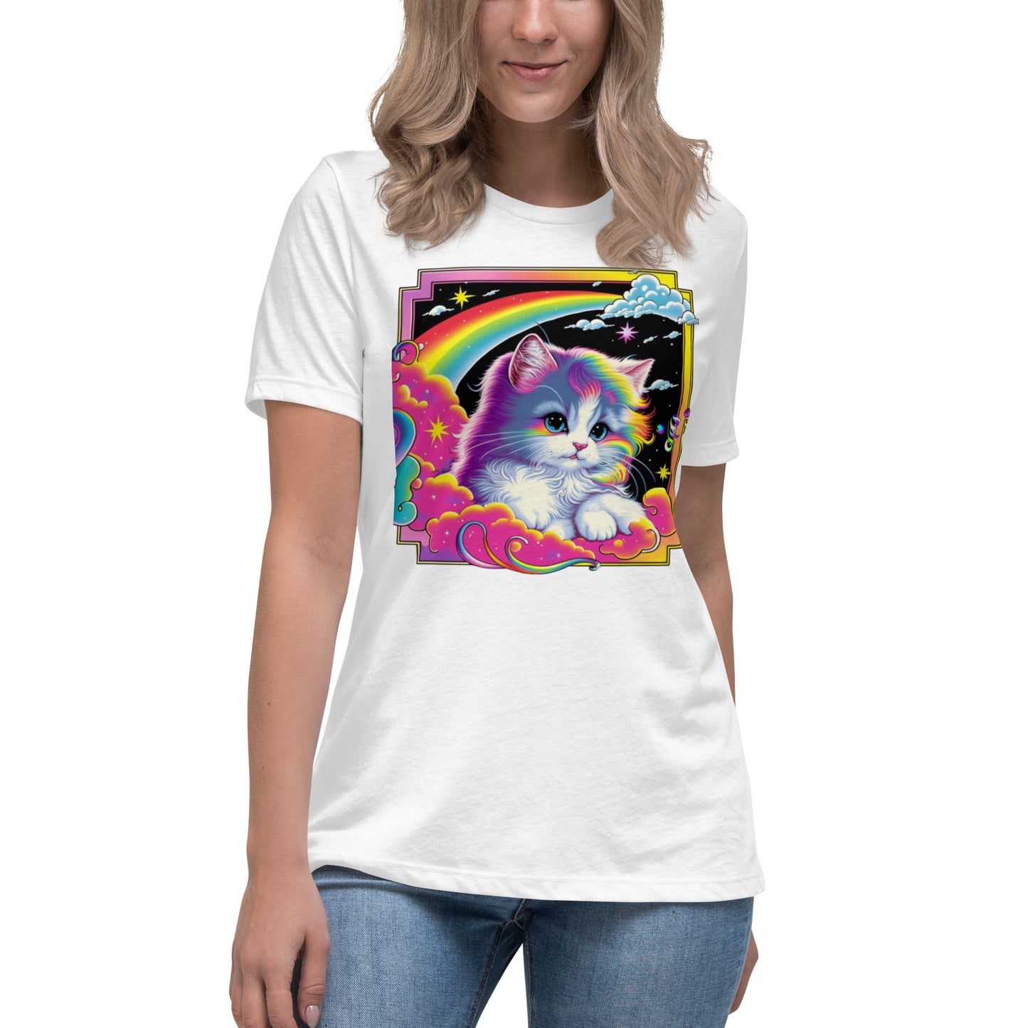 Adorable White Cat Tee: Flowy Rainbow Hair, Lisa Frank Inspired, Perfect for Feline Lovers, Vibrant Design, Unique & Stylish