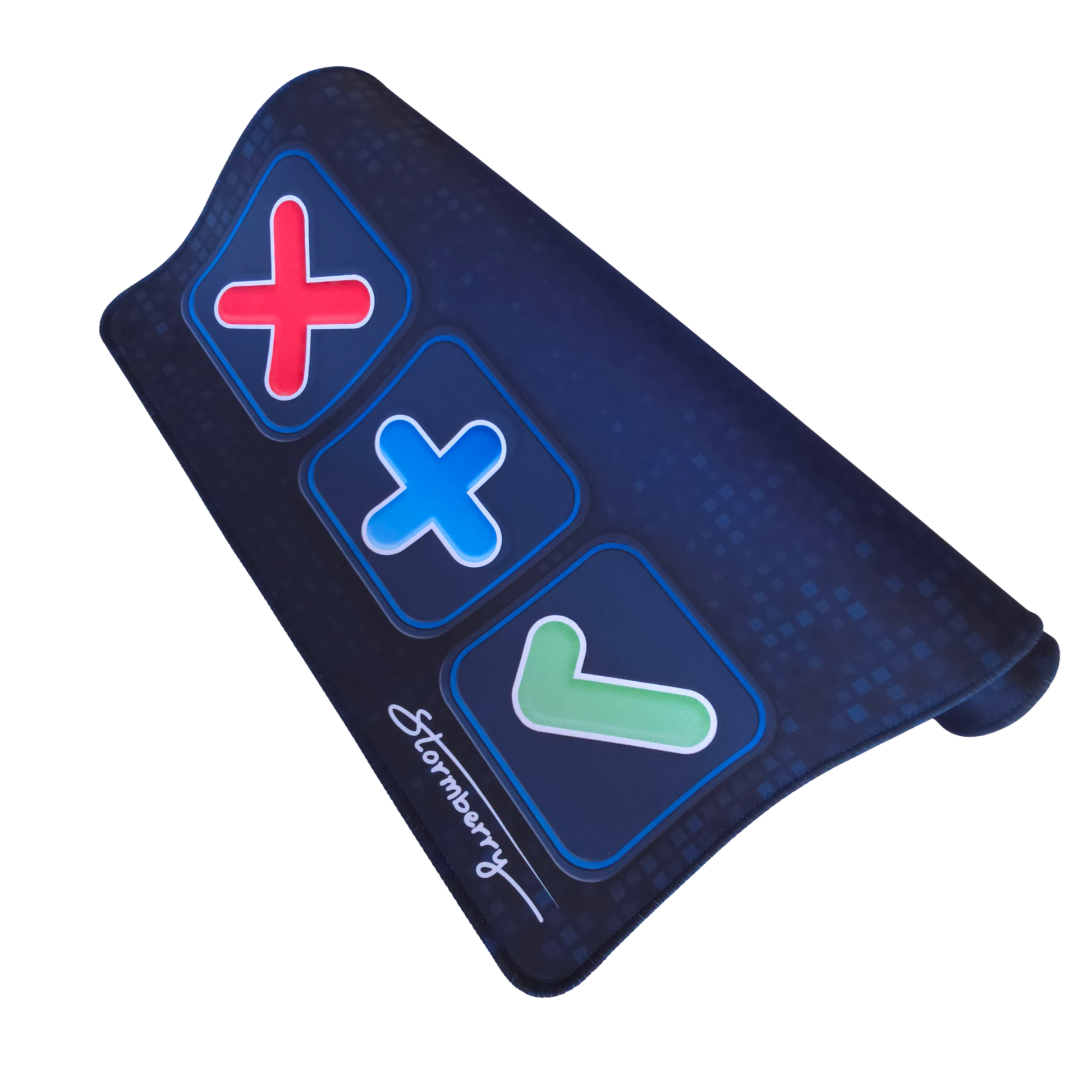 Blue Digital Pixel XL trade mat rolled up, showing the glowing pixel grid print