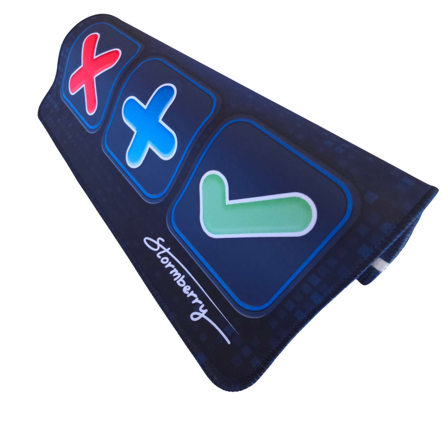 Blue Digital Pixel trade mat at an angle with the blue X, plus and green check tiles