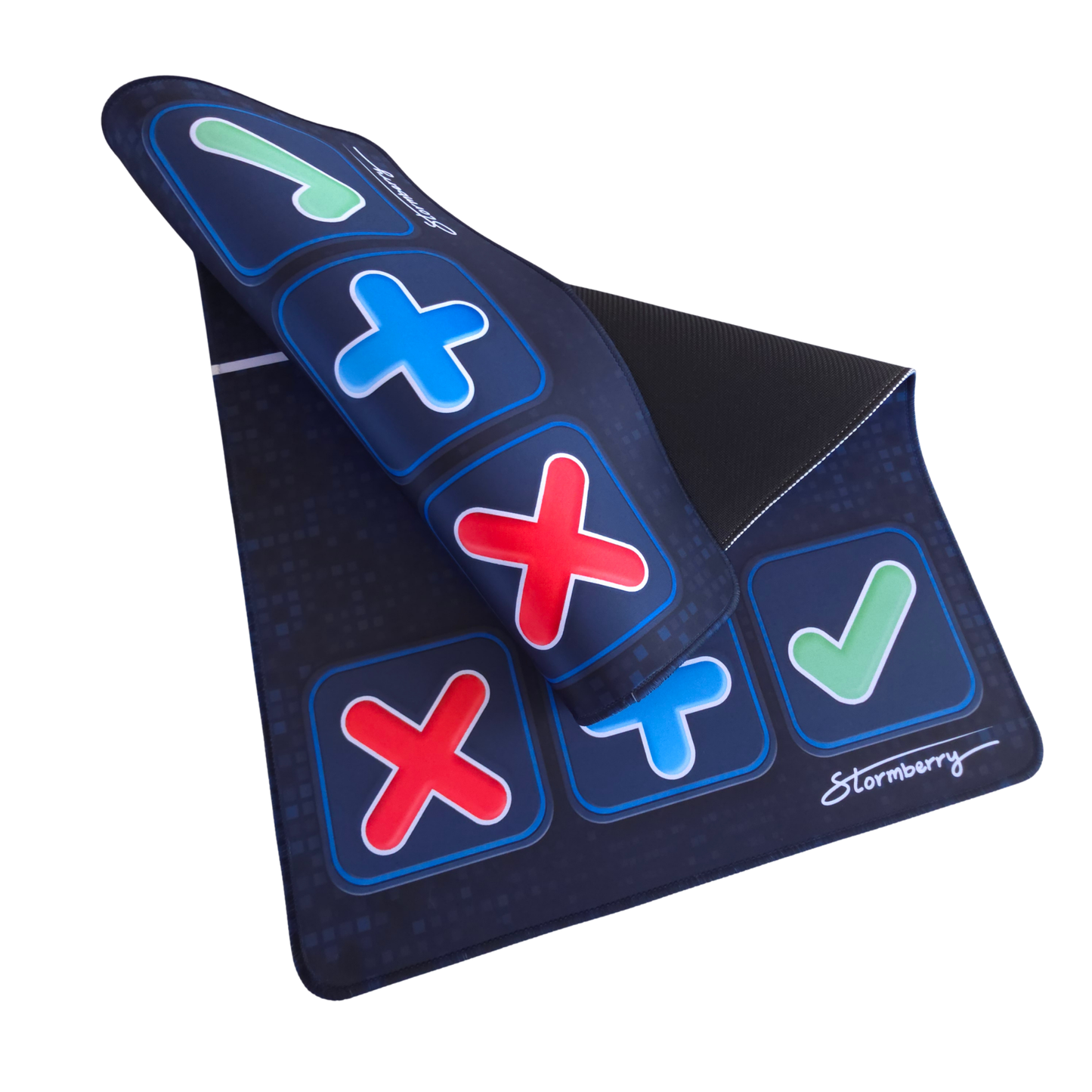 XL Blue Digital Pixel fidget trade mat folded to show both trader sides and the black backing