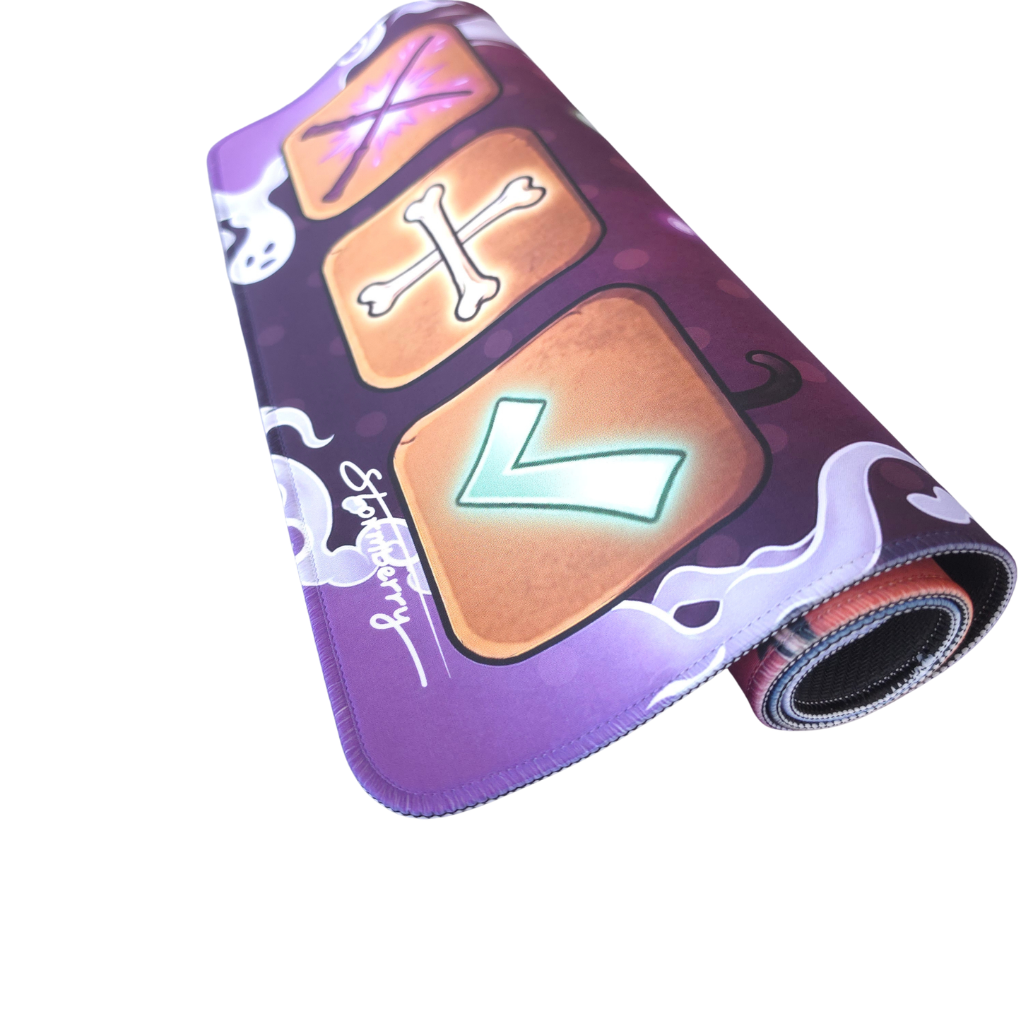 Haunted Hollow trading mat curled to show the orange bone and green check tiles