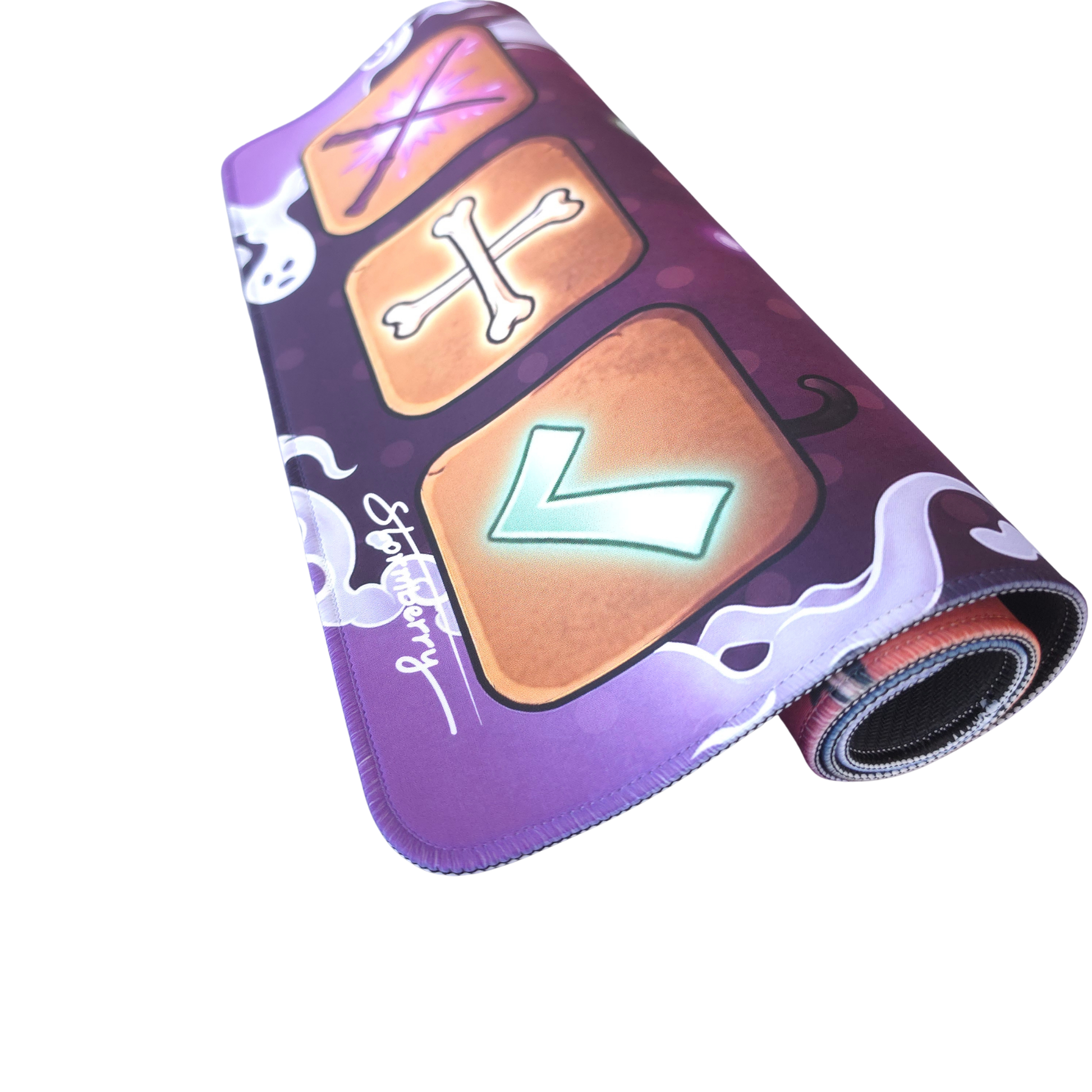 Haunted Hollow trading mat curled to show the orange bone and green check tiles