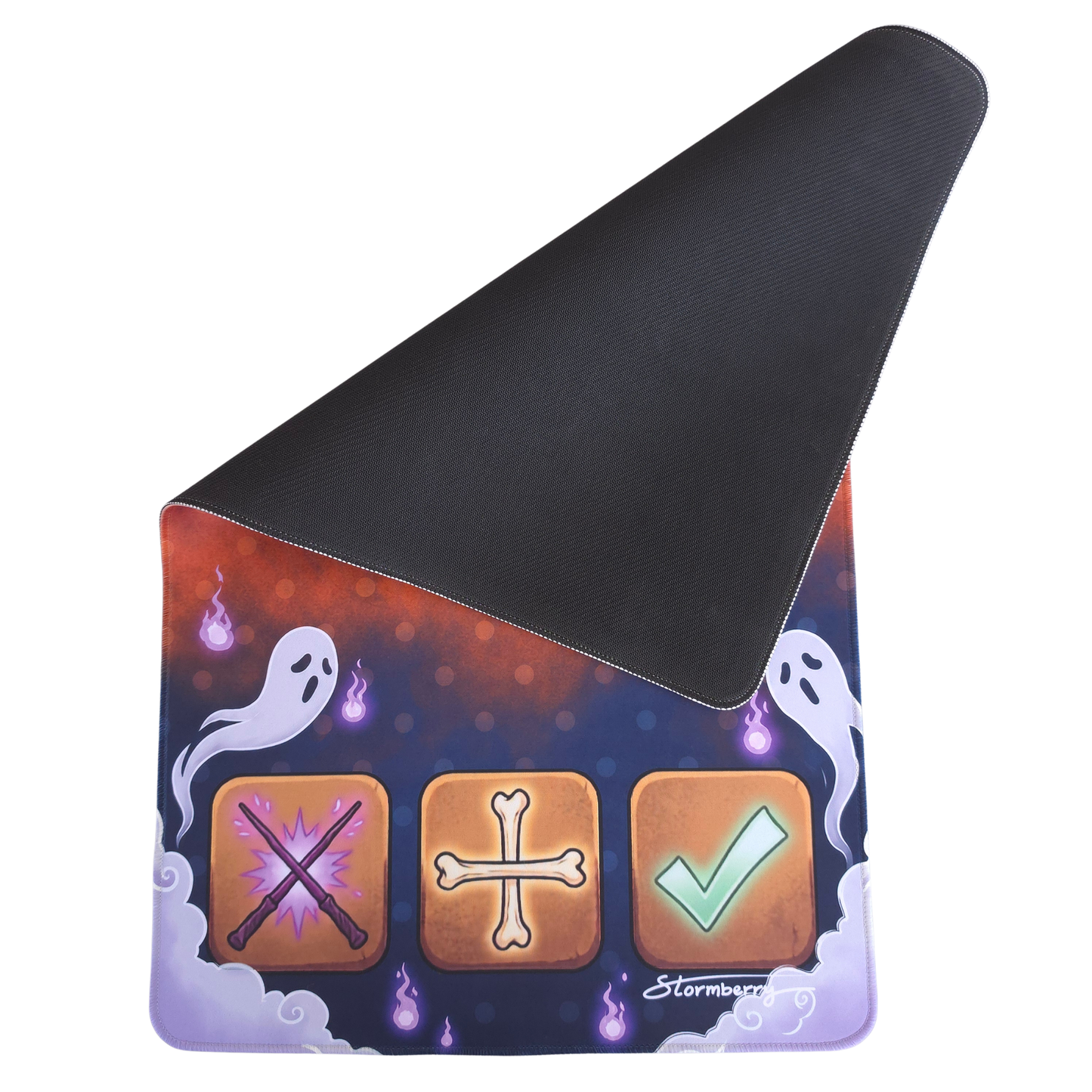 Haunted Hollow trade mat lifted at the corner to show the non slip black rubber backing