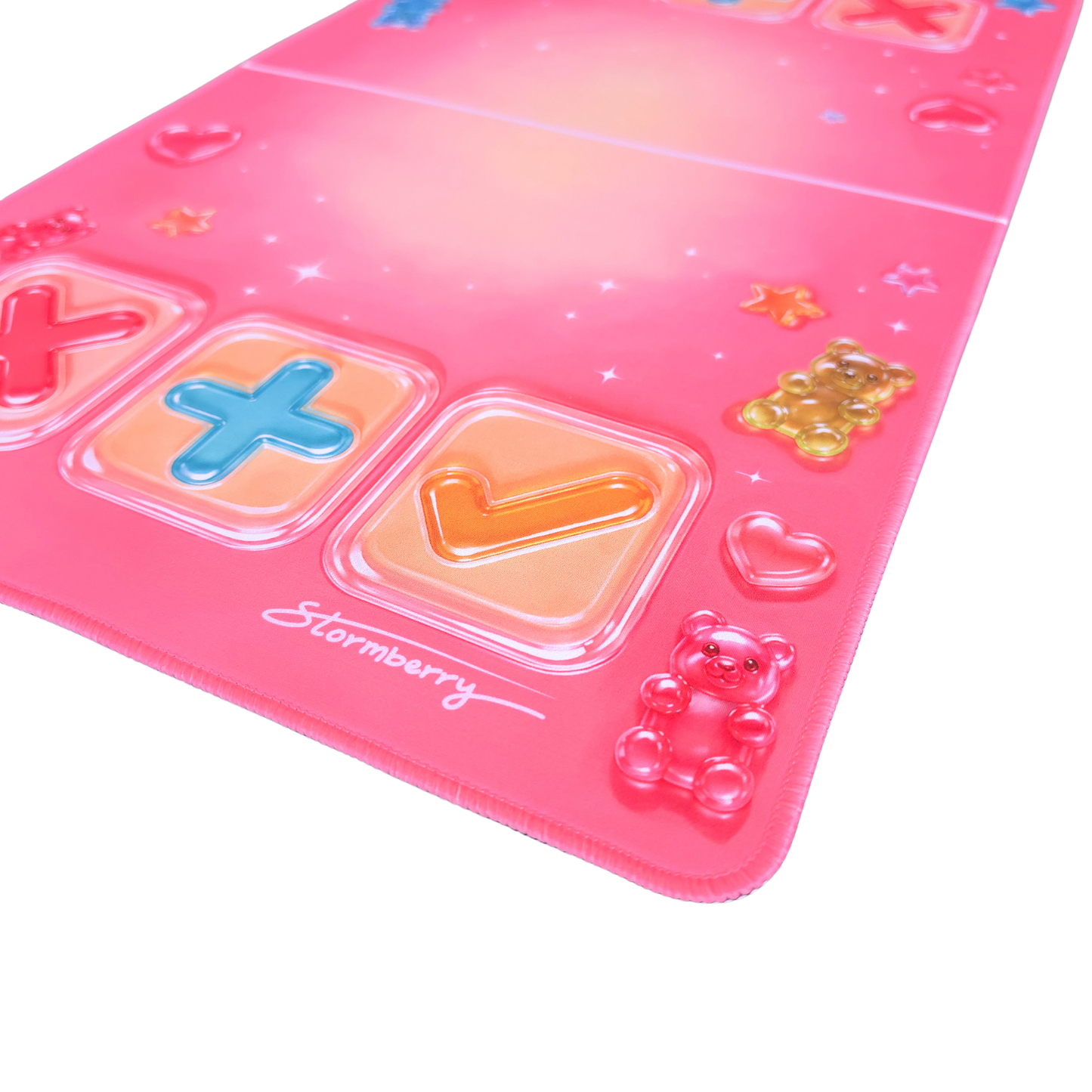 Gummy Gloss squishy trade station laid at an angle, candy pink with gummy bear details