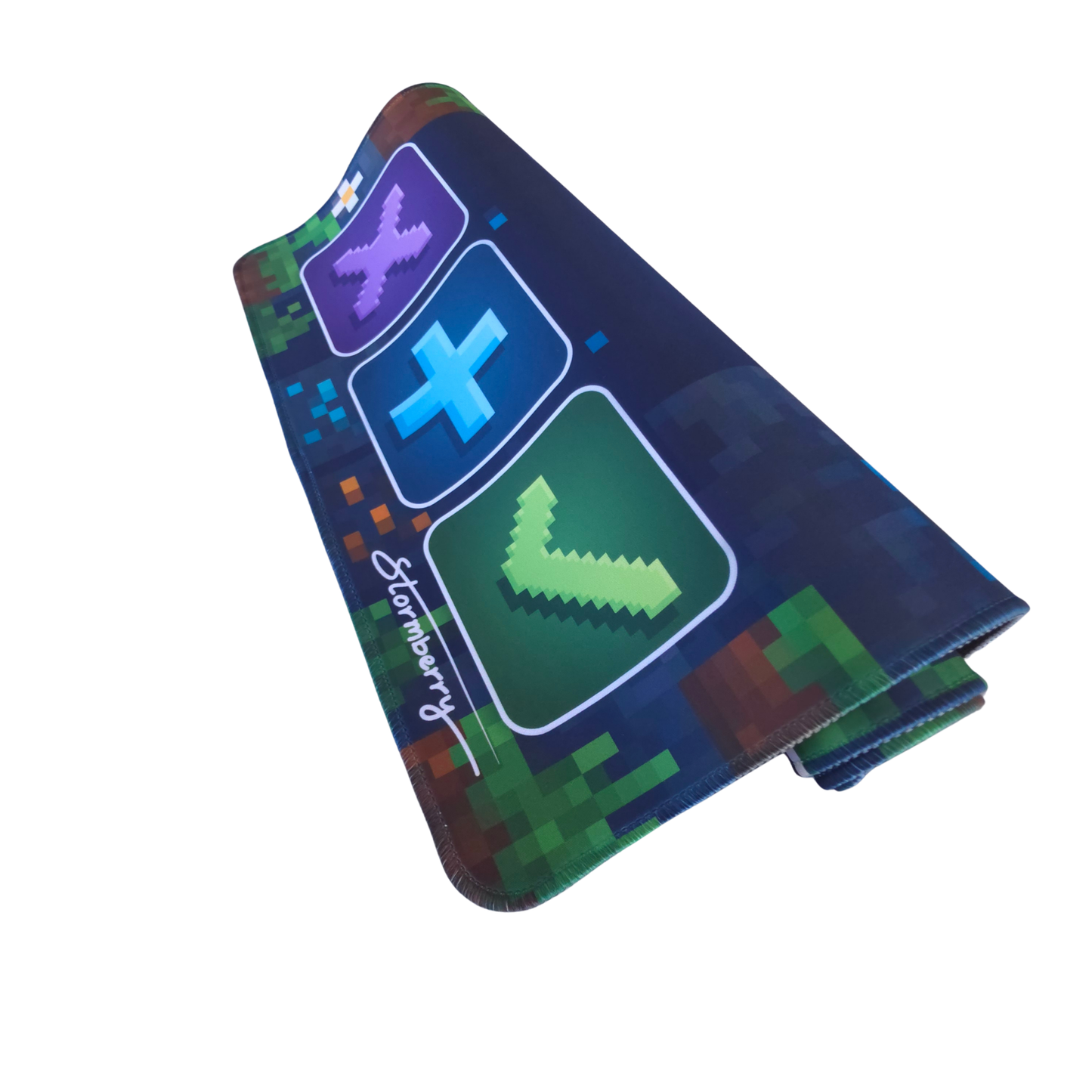 Pixel Block XL trade mat rolled up, showing the blue X and green check pixel tiles