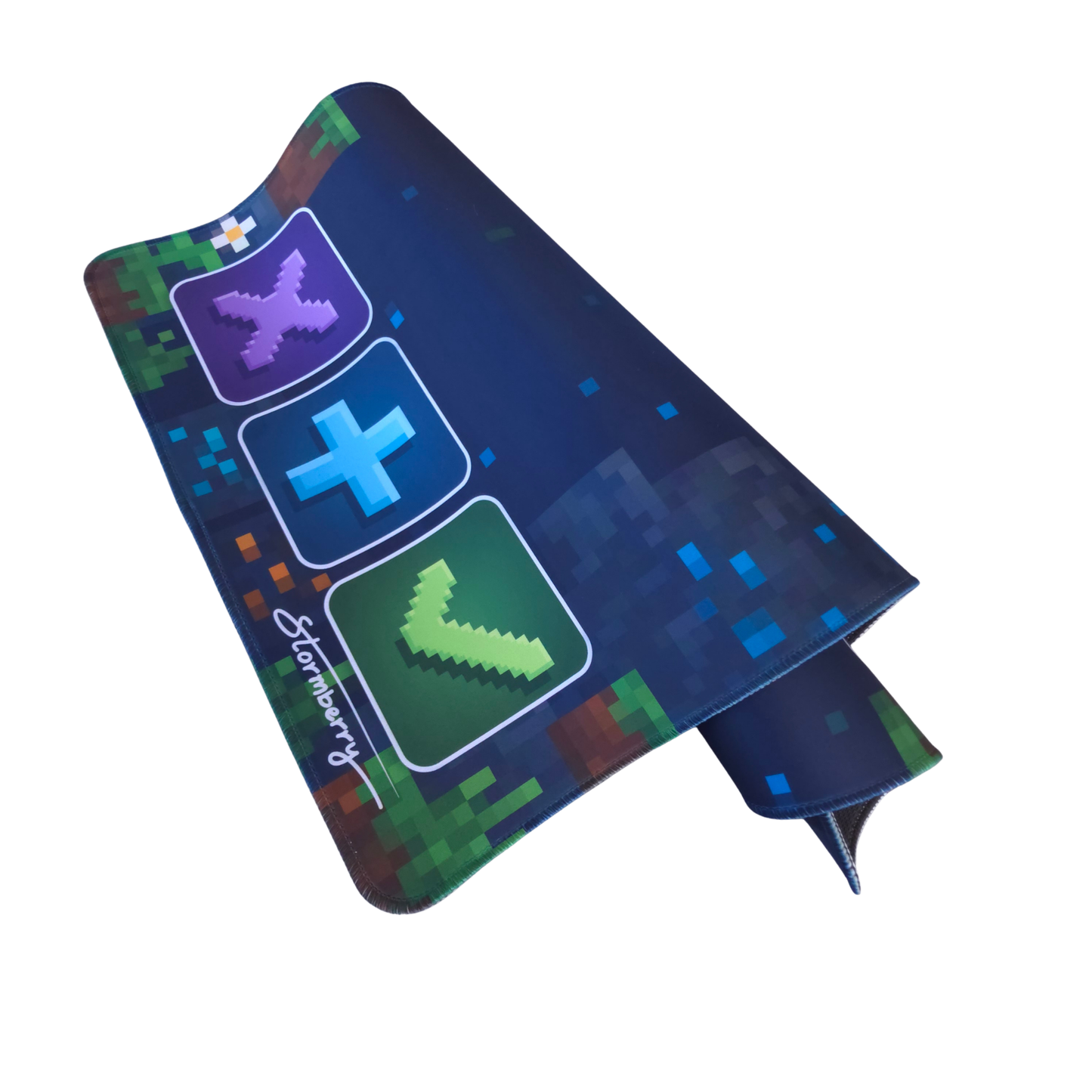 Pixel Block trading mat curled to show its full 24 inch trading surface