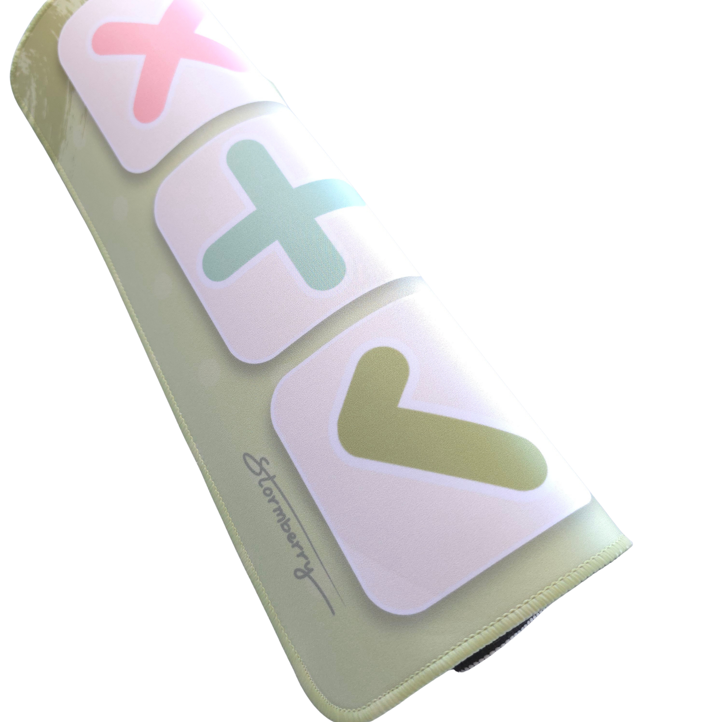 aMatcha Garden XL trade mat showing the stitched edge and soft printed surface