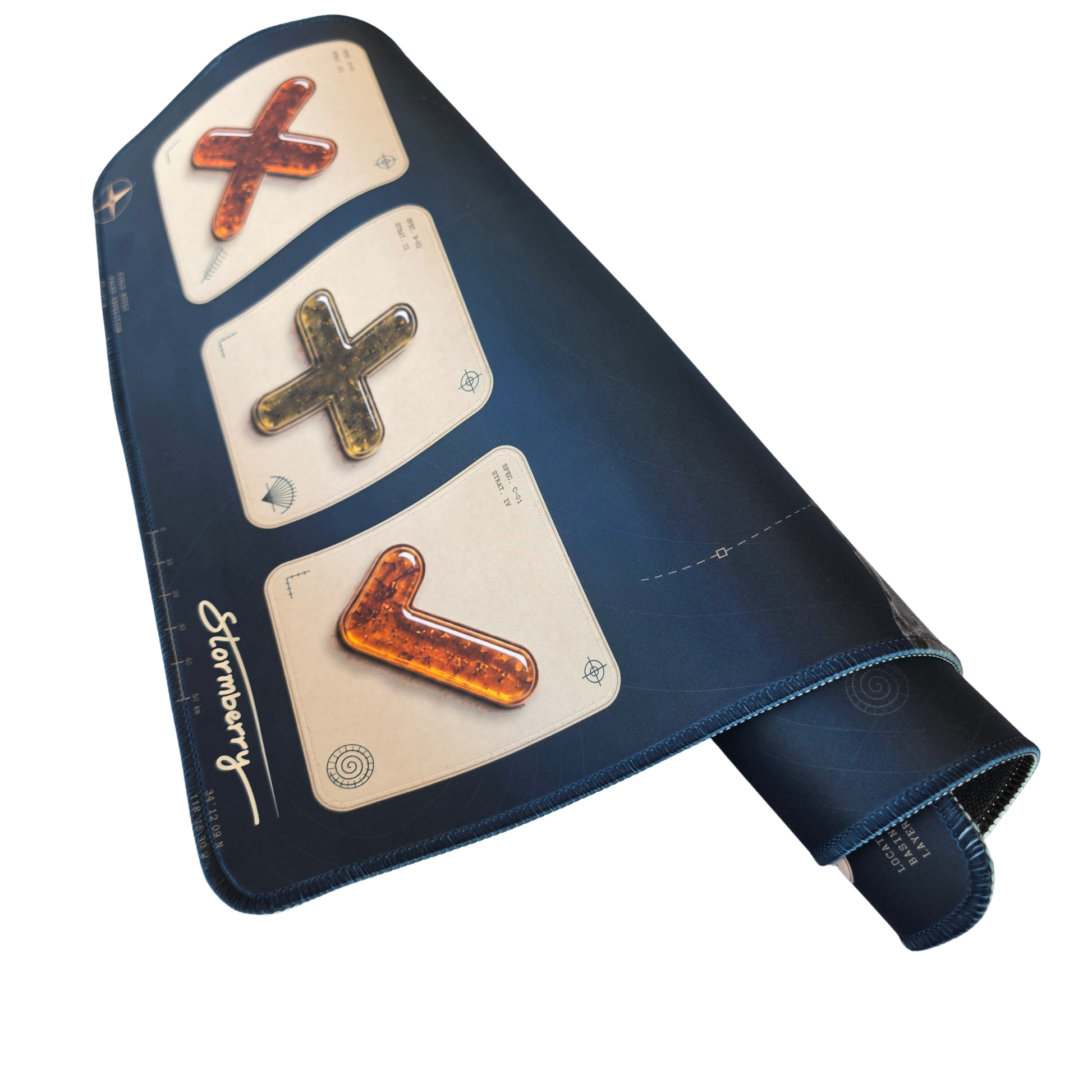 Fossil Field XL mat rolled from the side, navy with fossil detailing
