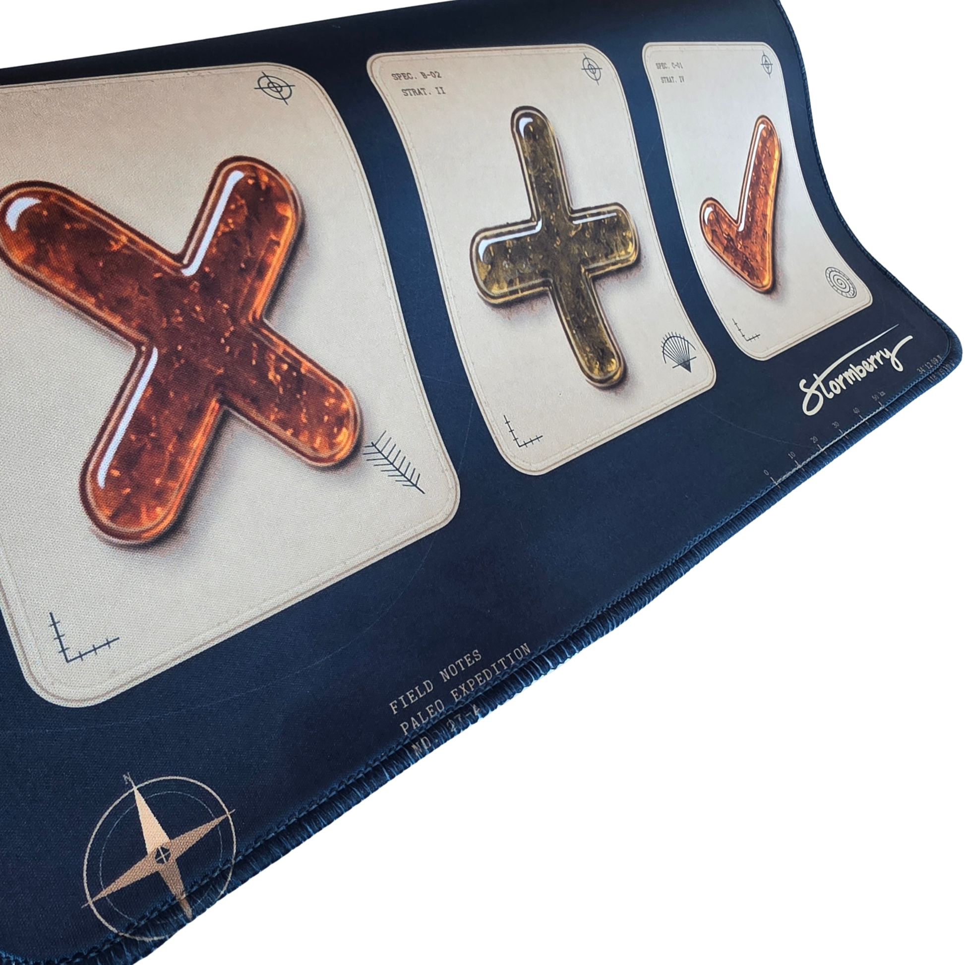 Real photo of the amber fossil tiles and stitched edge on the XL Fossil Field trade mat