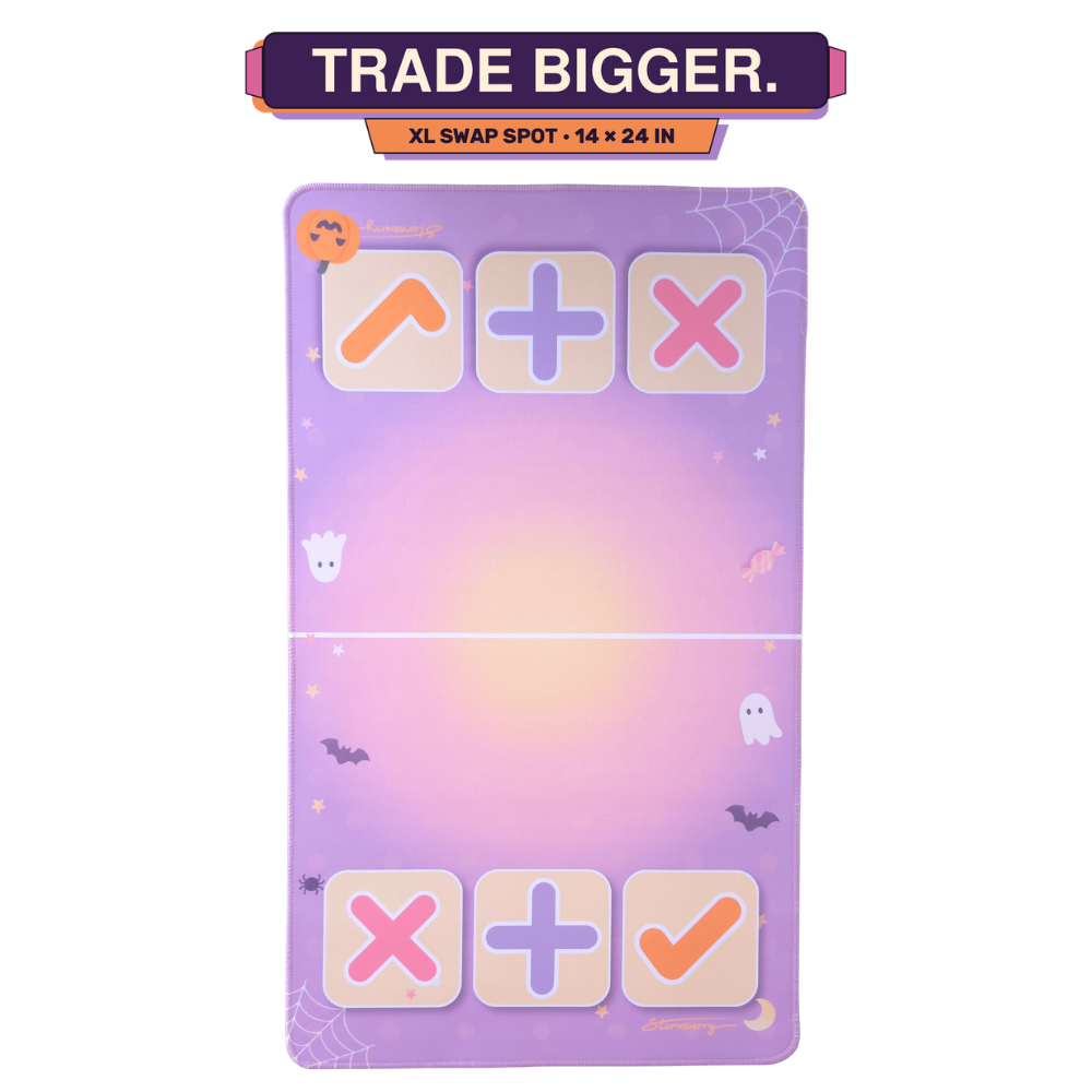 XL Pastel Halloween squishy trading mat, 14x24 inches, with ghosts and bats and arrow, plus and X trade zones