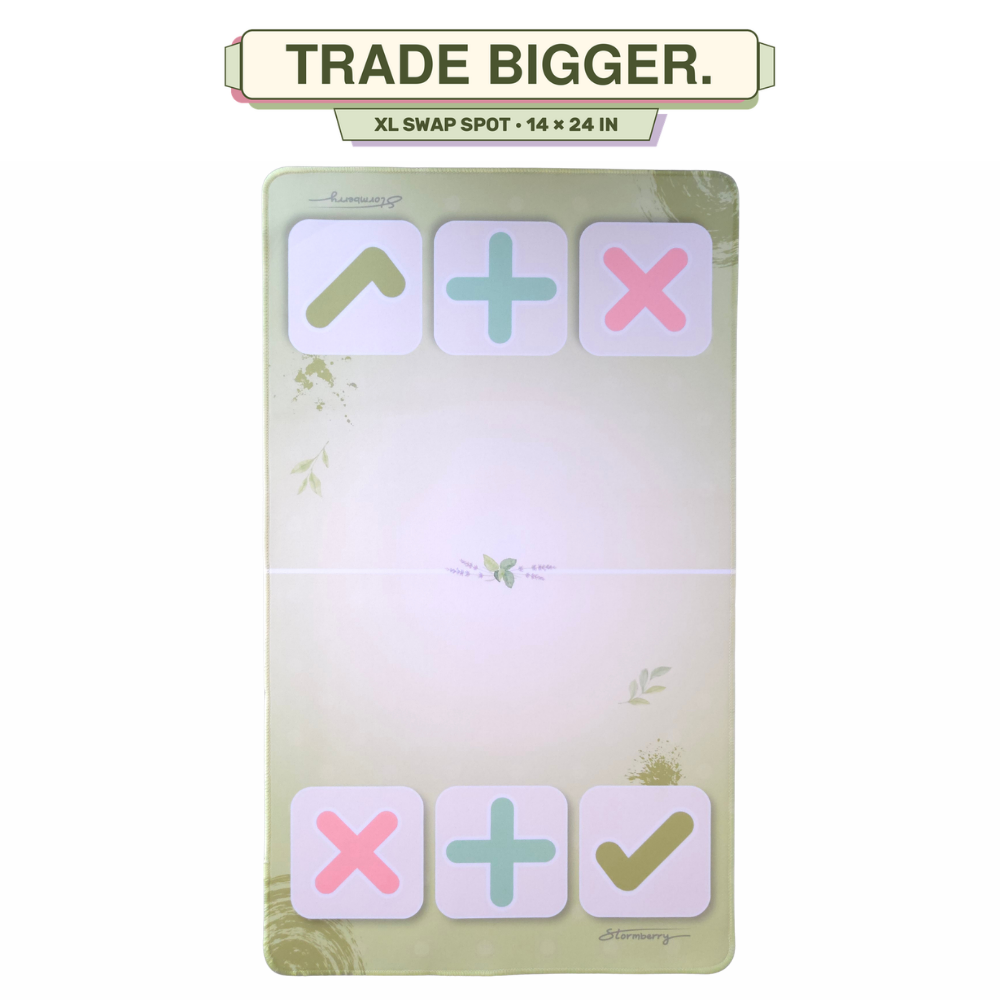 XL Matcha Garden squishy trading mat, 14x24 inches, soft matcha green botanical design with arrow, plus and X trade zones