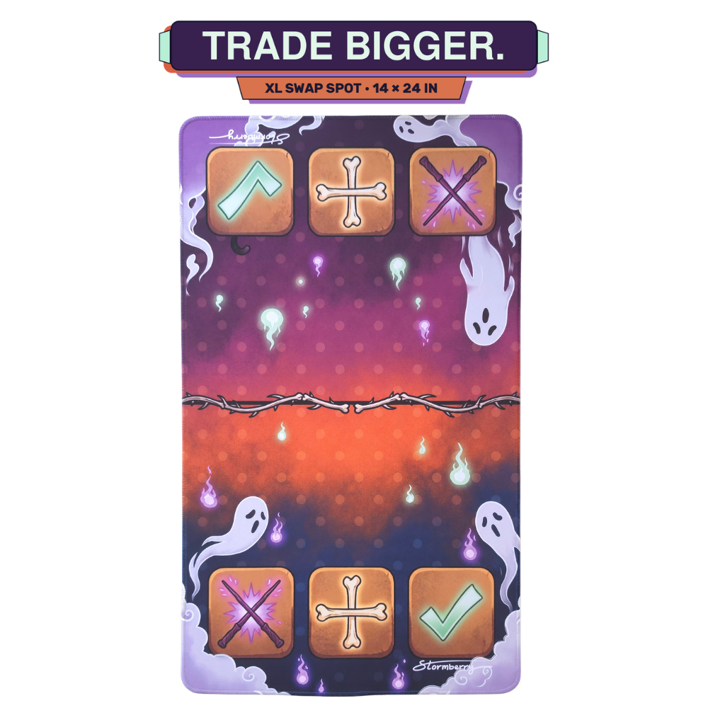 XL Haunted Hollow squishy trading mat, 14x24 inches, spooky purple ghosts with arrow, plus and X trade zones