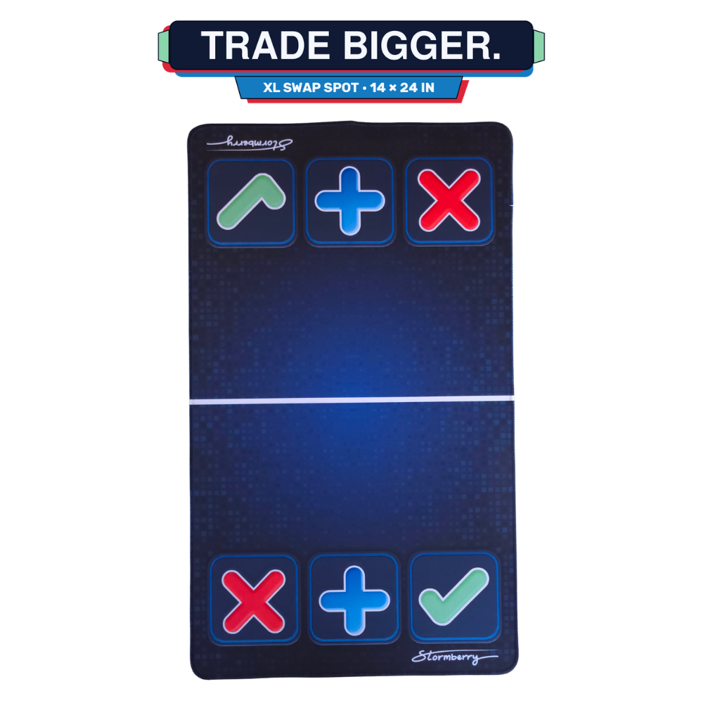 XL Blue Digital Pixel squishy trading mat, 14x24 inches, navy pixel design with arrow, plus and X trade zones