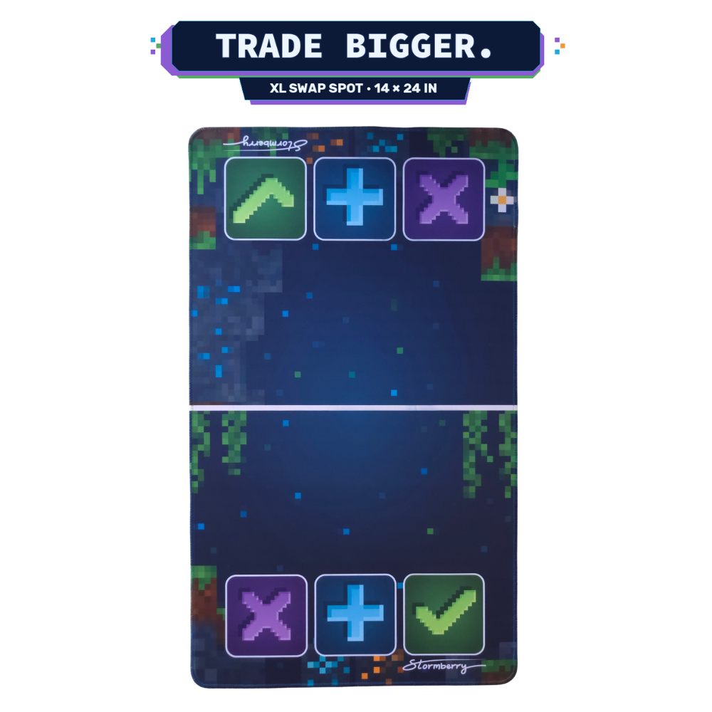 XL Pixel Block squishy trading mat, 14x24 inches, 8 bit pixel design with arrow, plus and X trade zones