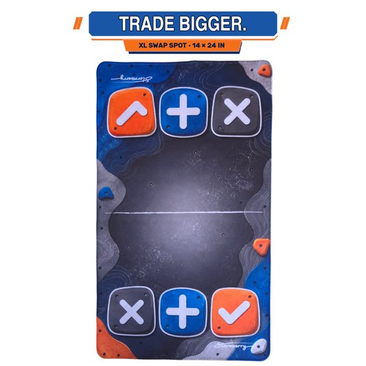 XL Boulder Field squishy trading mat, 14x24 inches, climbing wall design with arrow, plus and X trade zones