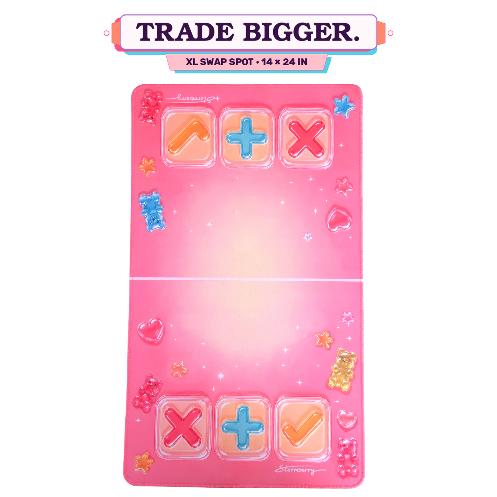 XL Gummy Gloss squishy trading mat, 14x24 inches, glossy gummy bears on hot pink with arrow, plus and X trade zones