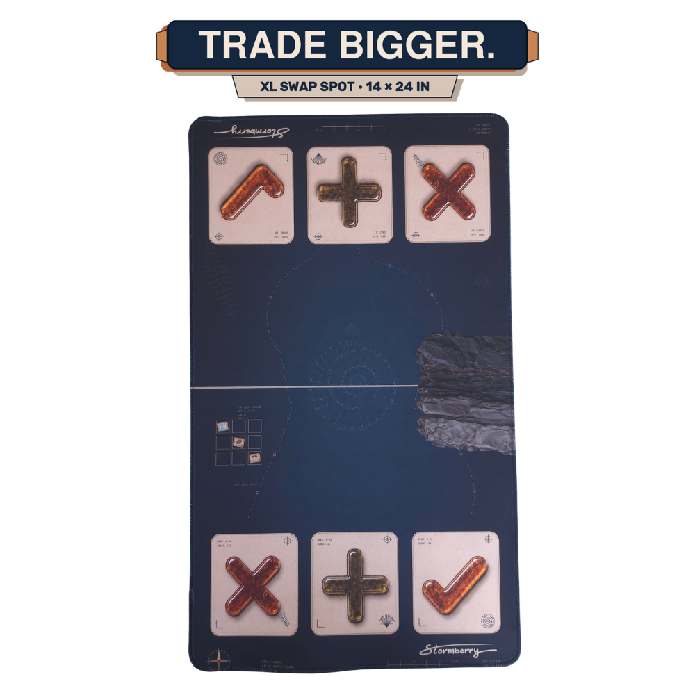 XL Fossil Field squishy trading mat, 14x24 inches, navy dino dig design with arrow, plus and X trade zones