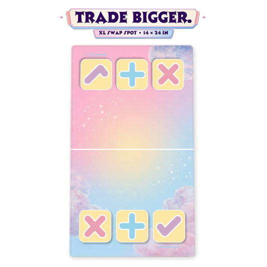 XL Cotton Candy Cloud squishy trading mat, 14x24 inches, pastel pink and blue sky with arrow, plus and X trade zones