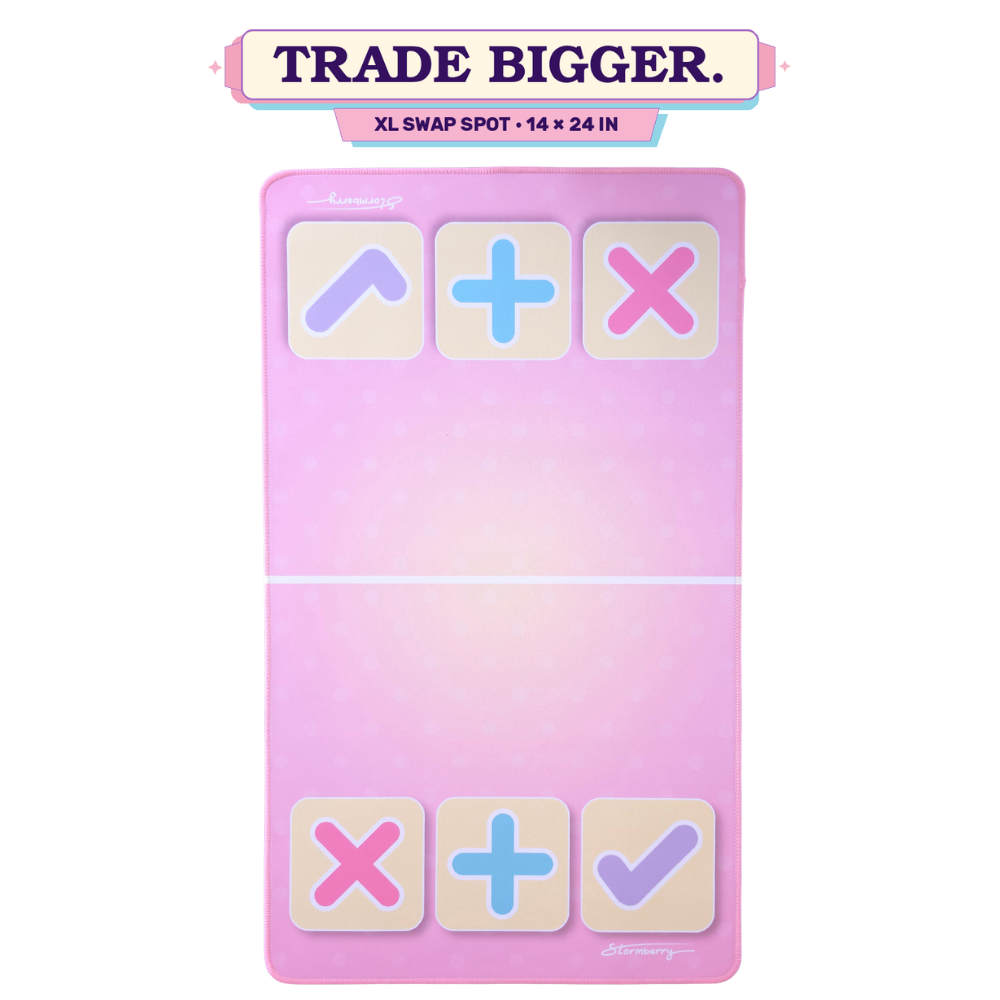 XL Signature Pink squishy trading mat, 14x24 inches, pink with a lavender check zone and X, plus and arrow tiles