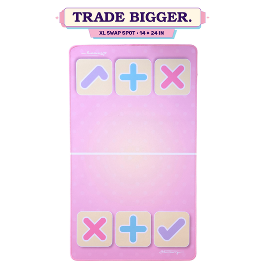 XL Signature Pink squishy trading mat, 14x24 inches, pink with a lavender check zone and X, plus and arrow tiles