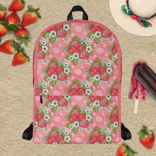 Strawberry Pink Backpack, POLYESTER Webbing, Stylish Backpack, College Backpack, Unique Strawberry Print Pink Floral Bag, Gift for Her