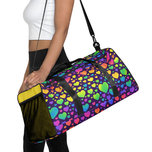 Rainbow Hearts Traveling Bag, Cross Body Bag, Mesh Bag, Zipper Shoulder Bag, Duffle Bag, POLYESTER Zipper BAG